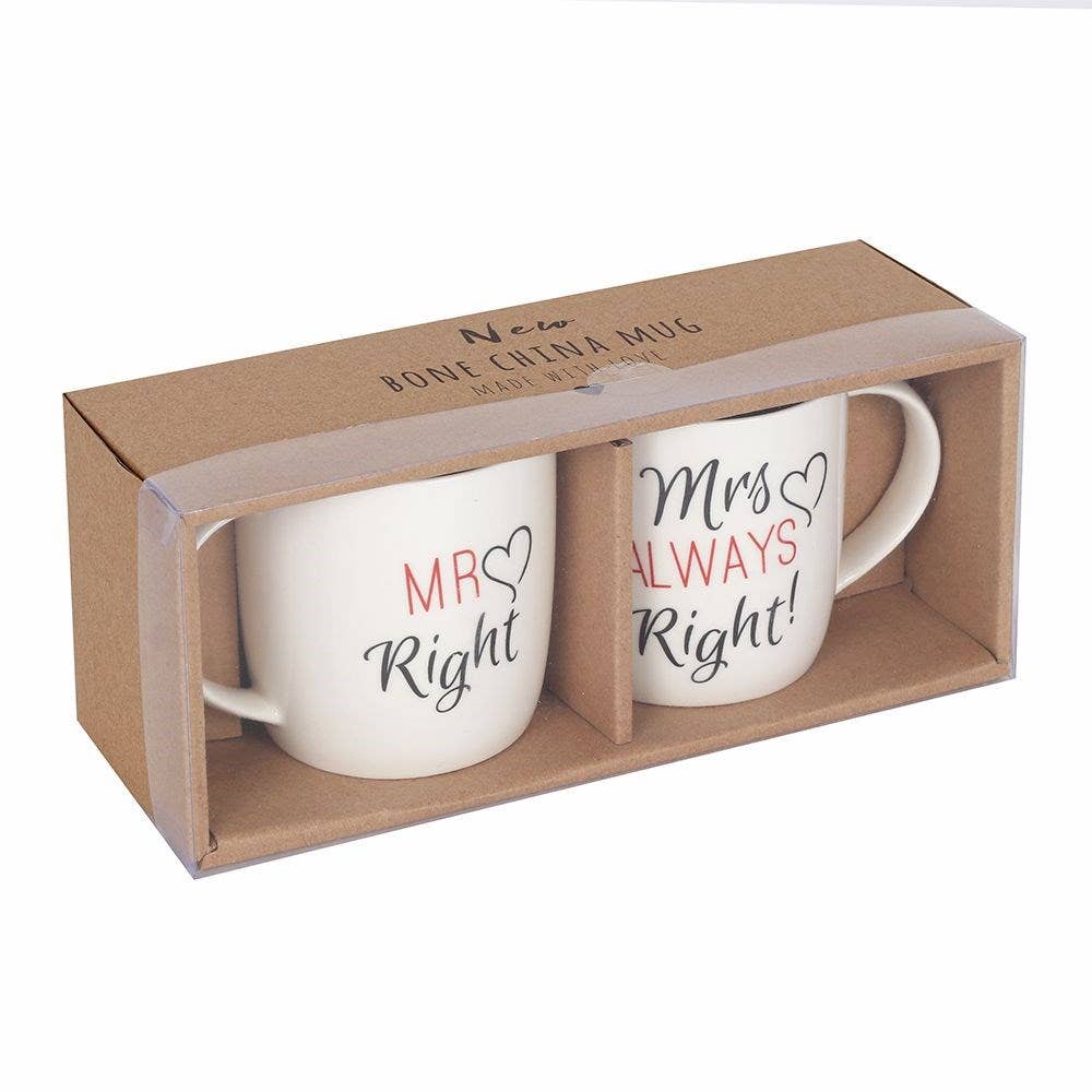 Boxed wedding mug set for newlyweds with humorous design