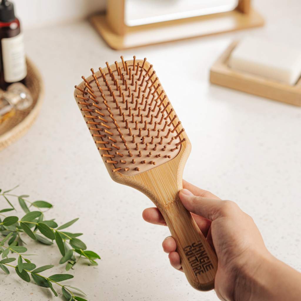Close-up of natural bamboo bristles on eco-friendly hairbrush