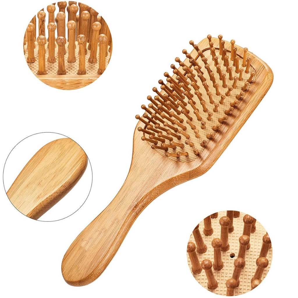 Close-up of natural bamboo bristles on eco-friendly hairbrush with details highlighted