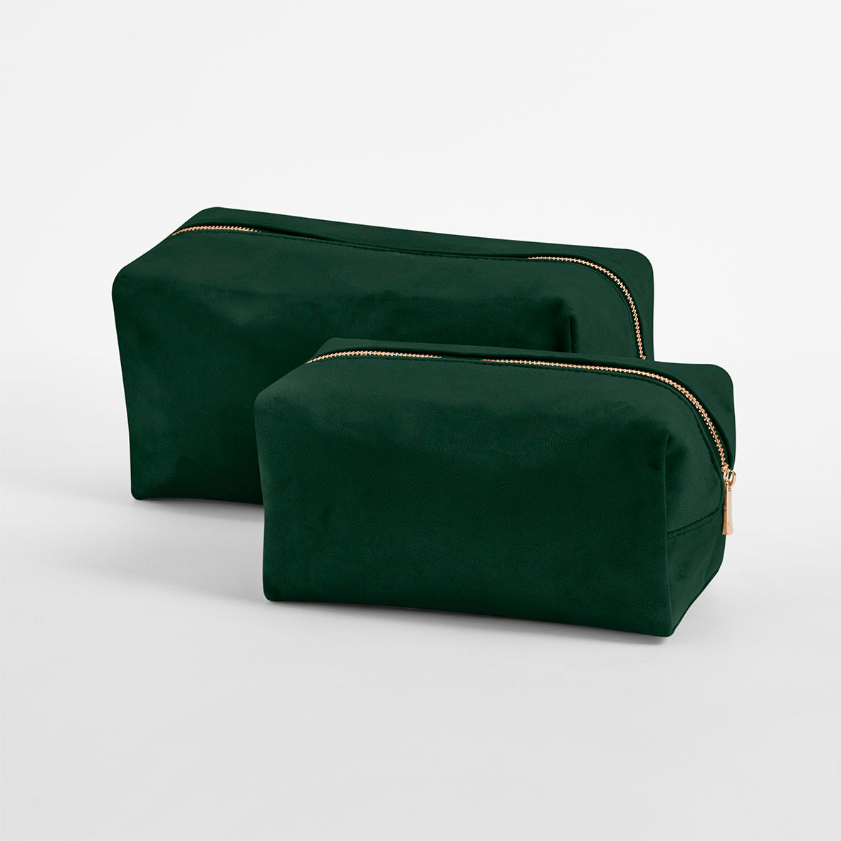 Luxury velvet toiletry bag in 2 sizes in green colour with gold zip