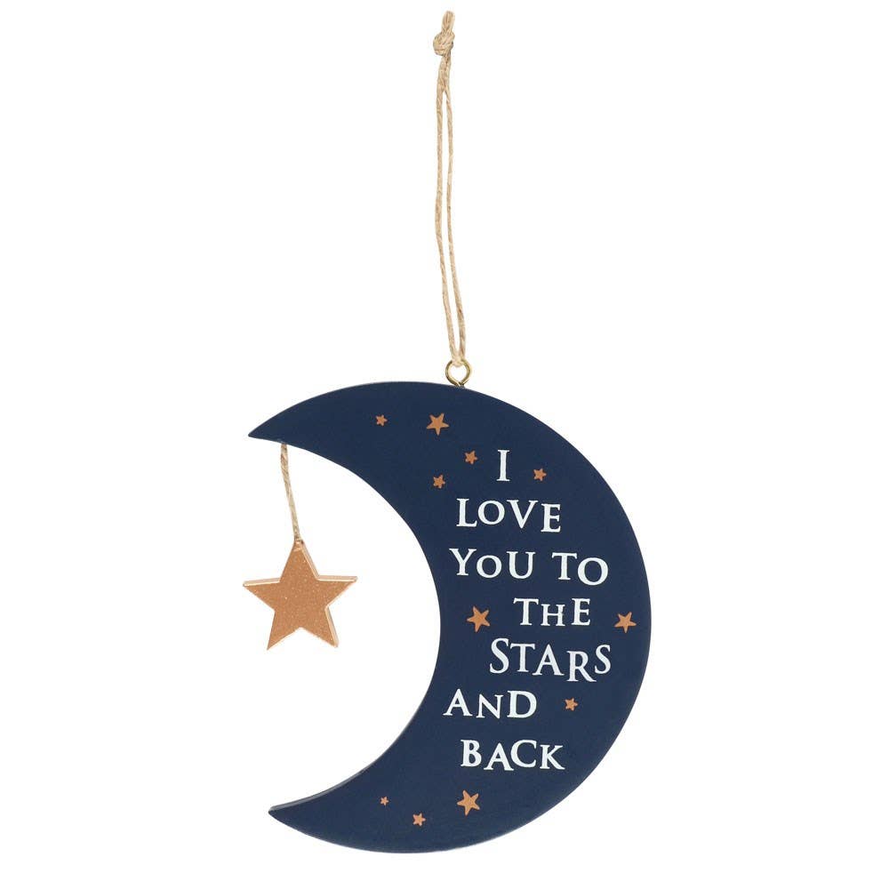 Crescent moon nursery sign with 'I love you to the stars and back' engraved text