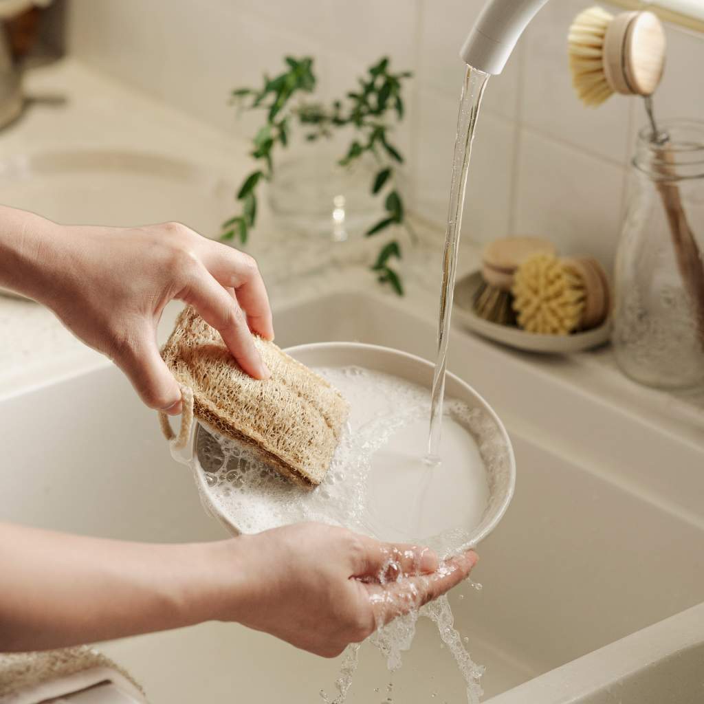 Bamboo kitchen brush set with long handle, refill heads and loofah lifestyle photo