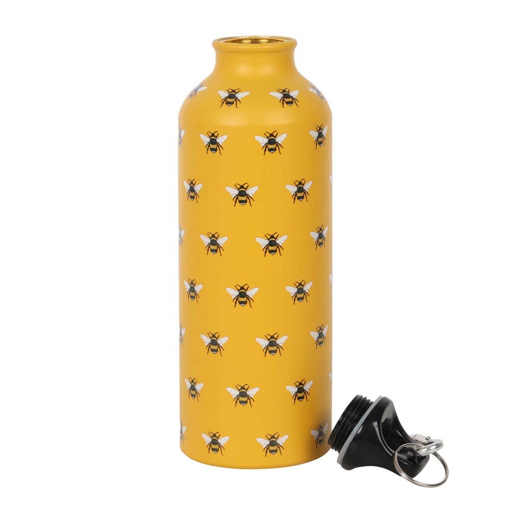 Yellow bee-patterned metal water bottle with clip lid on isolated white background lid removed