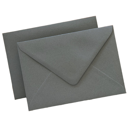 grey envelopes flat lay against isolate white background, showing the diamond flap envelopes from the front and the reverse.