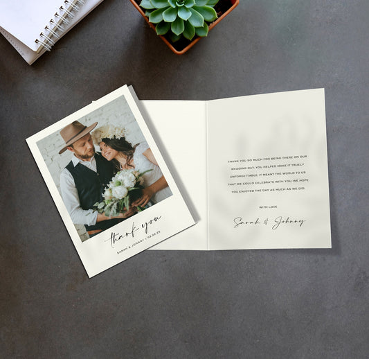 One photo wedding thank you card with personalised message