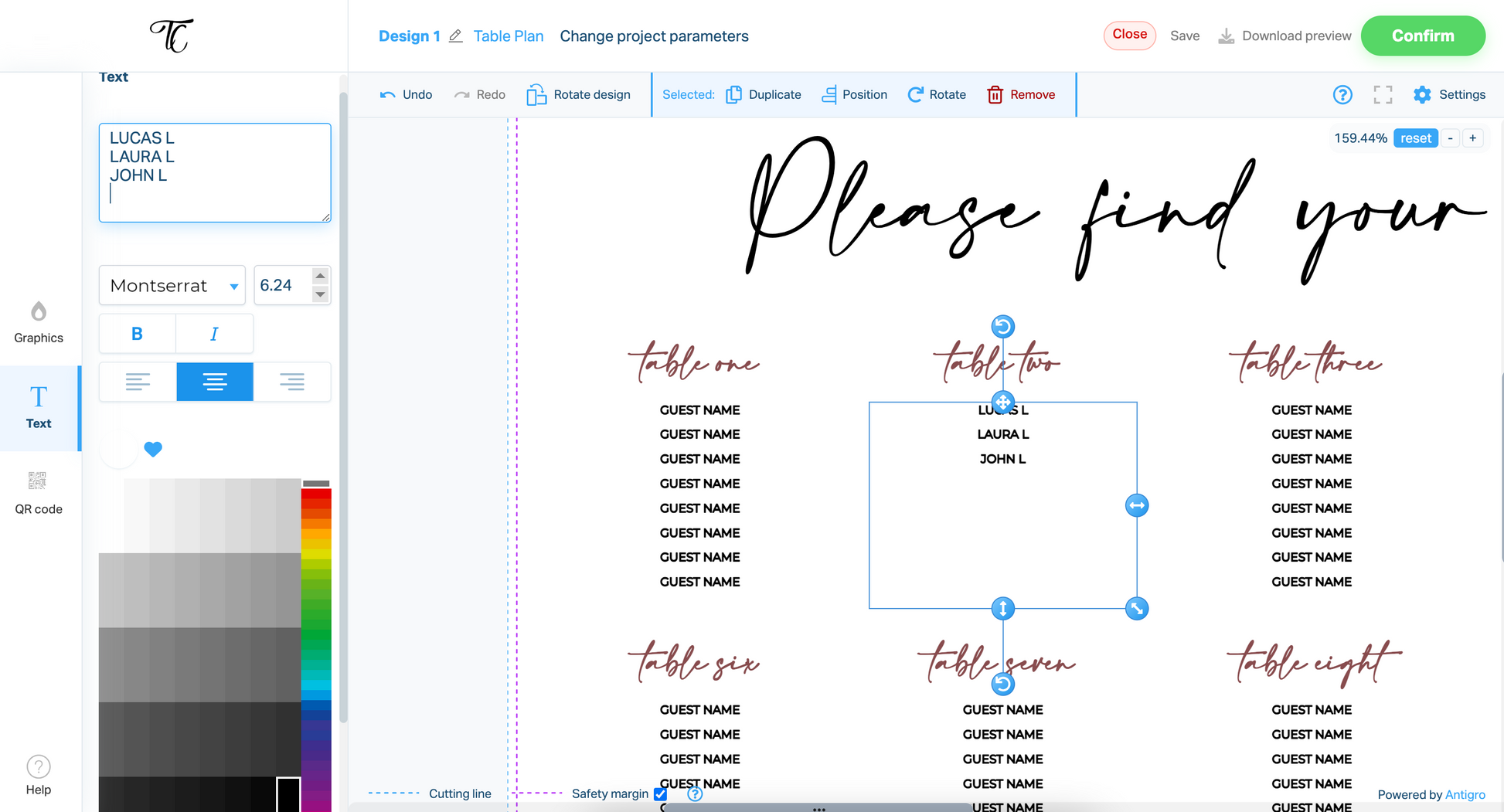 Online design interface showing a wedding table plan template being edited with guest names and table titles in script and sans-serif fonts.
