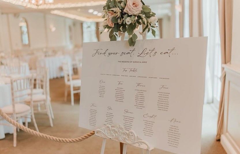 Elegant wedding table plan on display in a light-filled reception venue, featuring calligraphy-style heading, guest seating list, and floral decoration above the board.