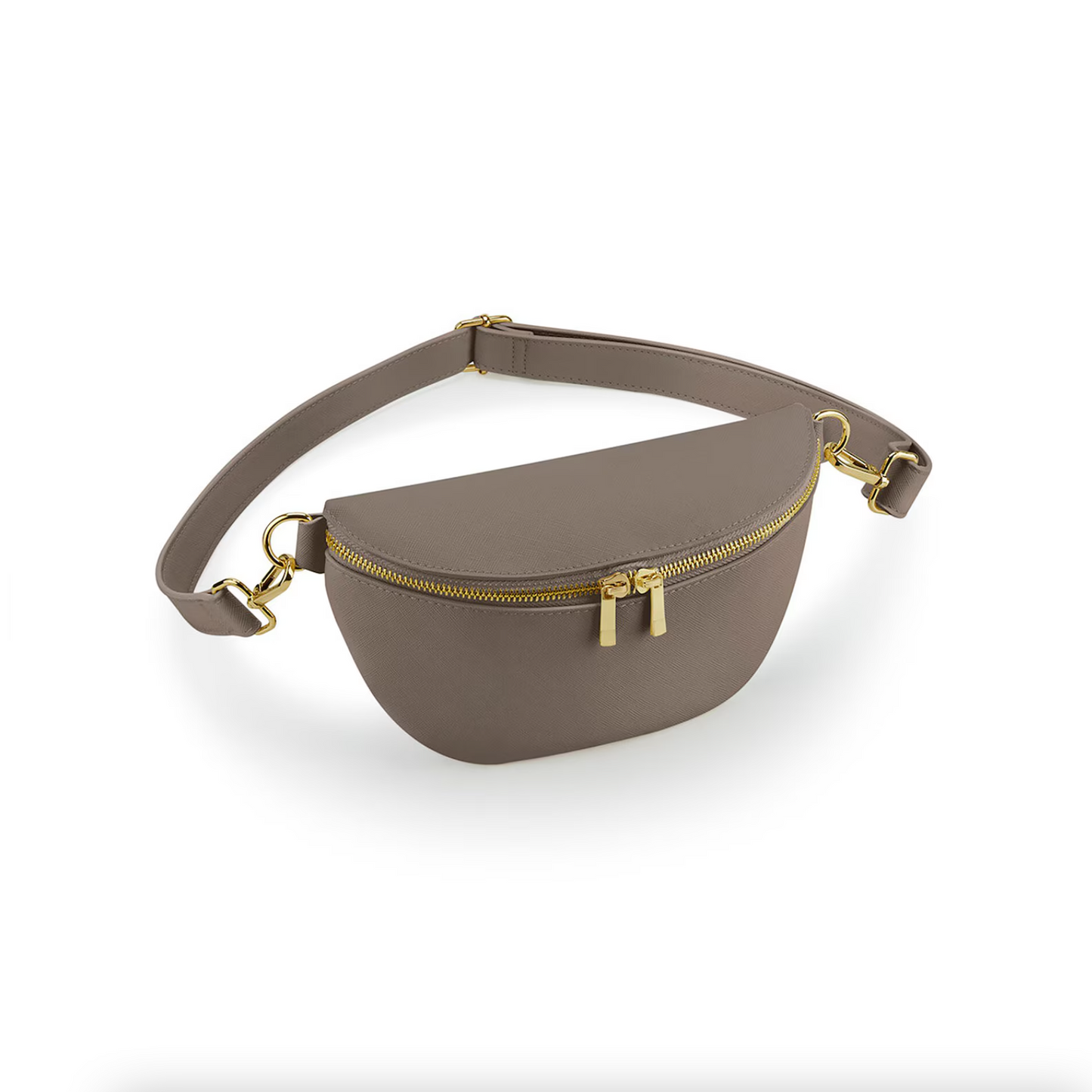 Taupe Compact bum bag with gold zip, styled as travel gift