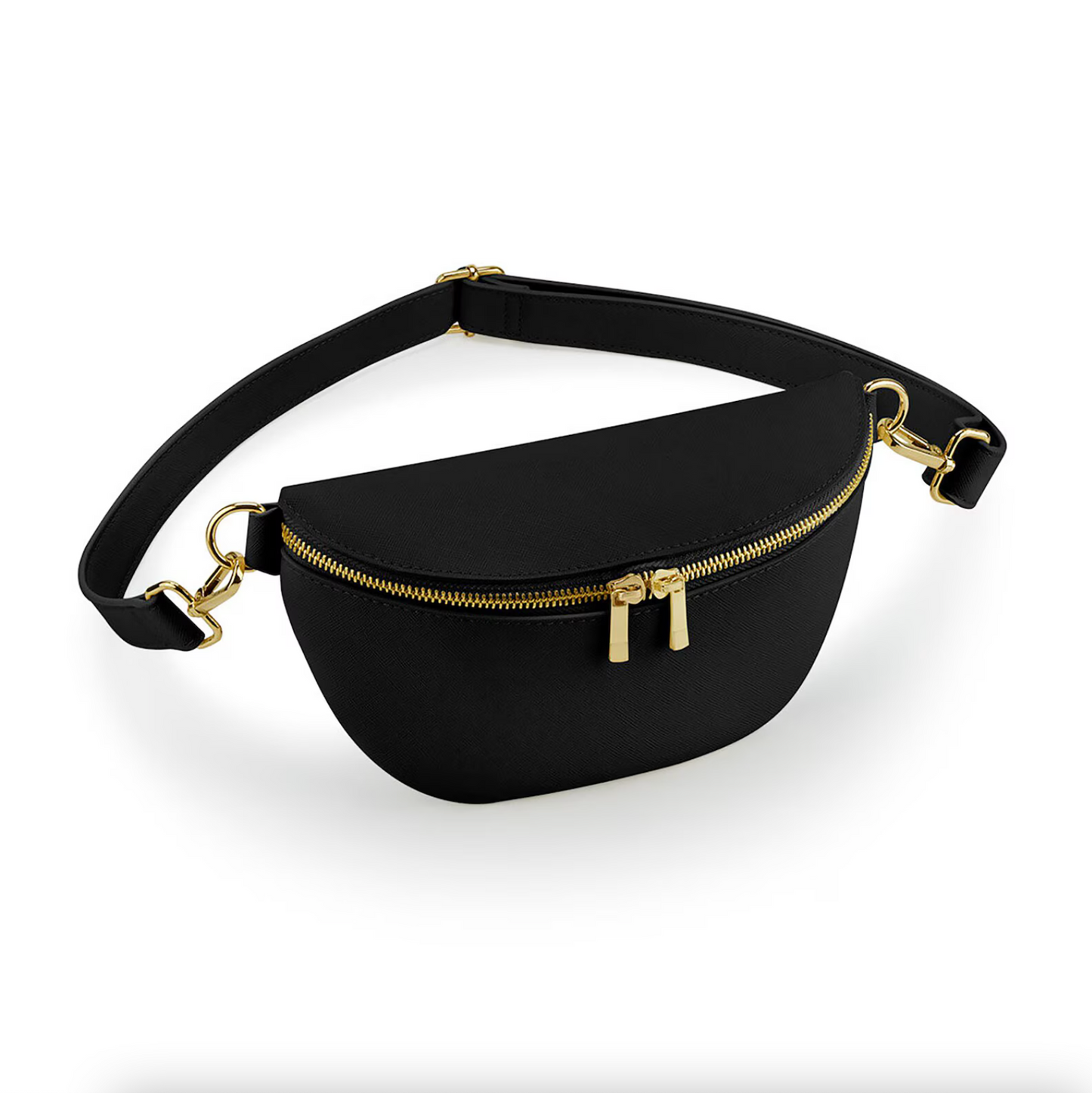 Black Compact bum bag with gold zip, styled as travel gift