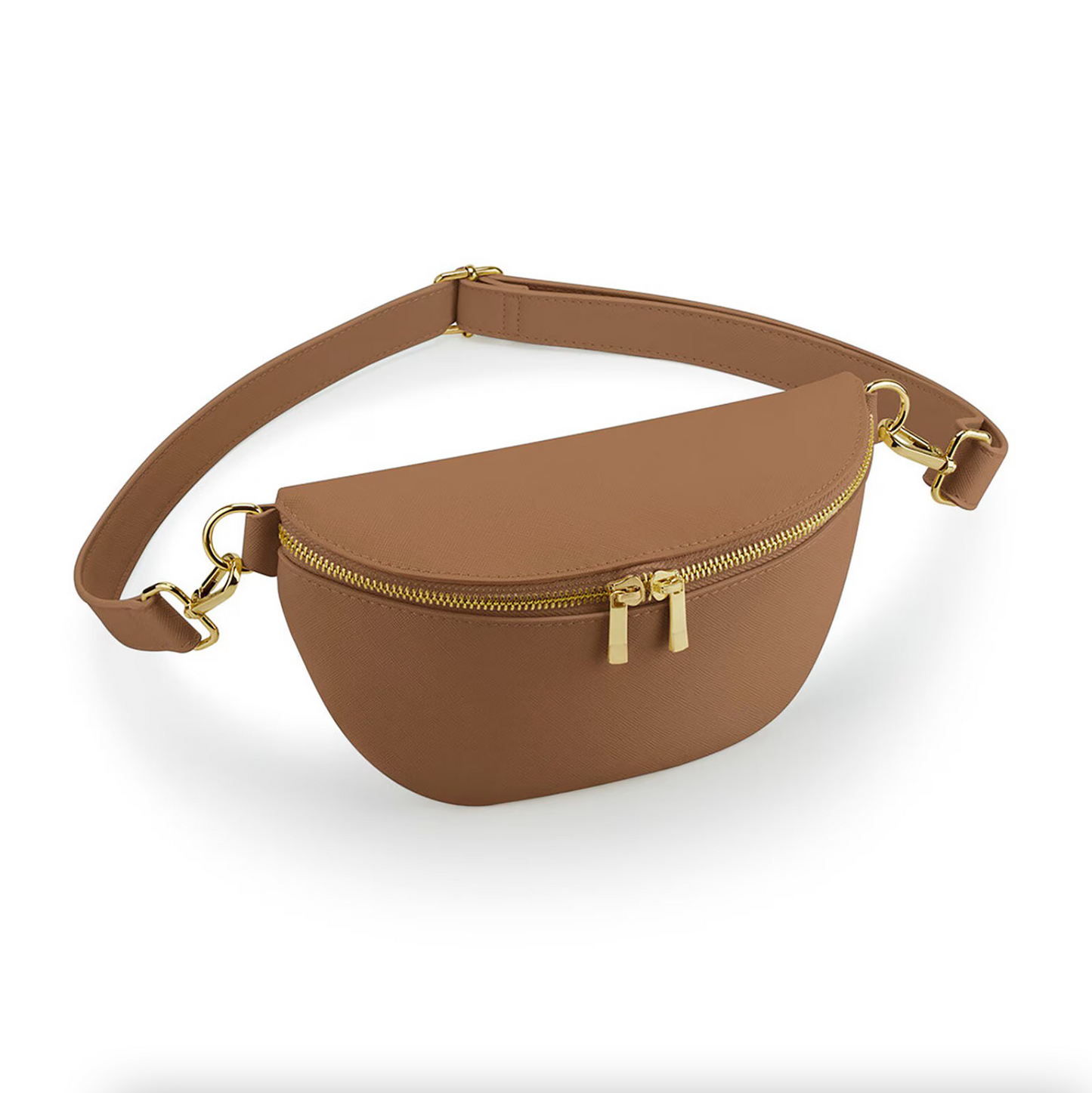 Tan Compact bum bag with gold zip, styled as travel gift