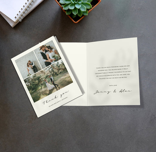 Three photo wedding thank you card with personalised message