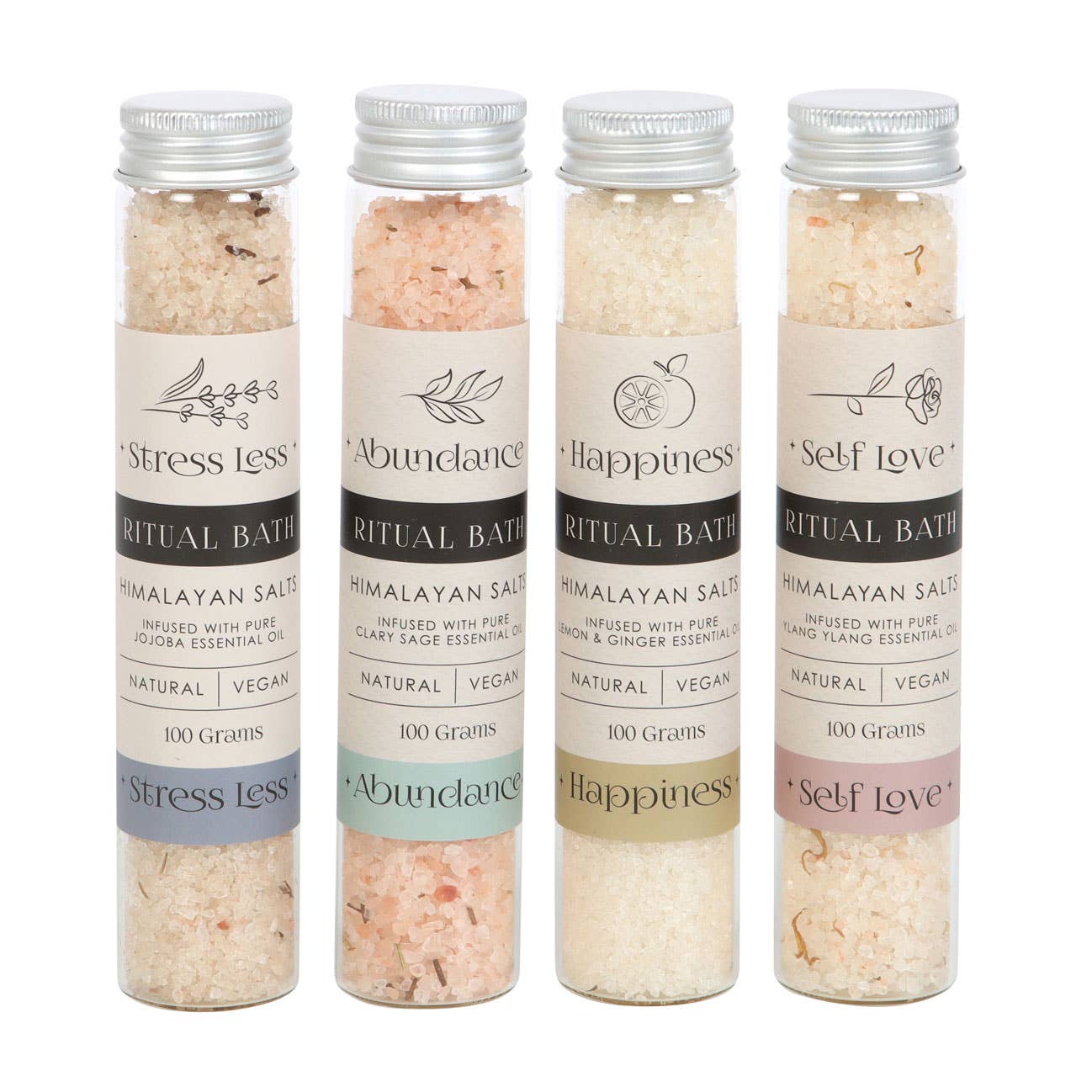 Ritual bath salts set of 4 in glass bottles with kraft label against white background