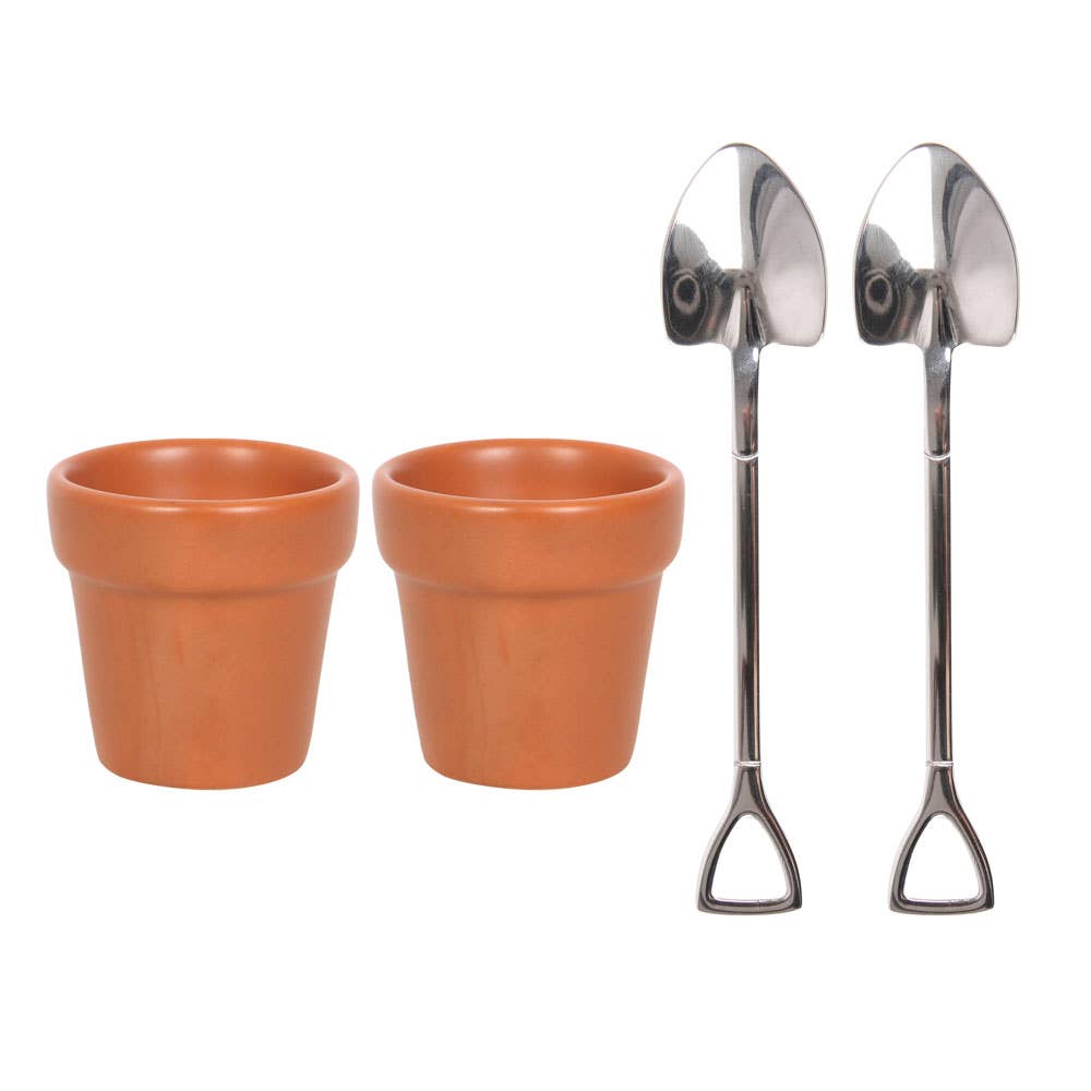 Plant Pot Egg Cups with Shovel Spoons | Fun Ceramic Egg Cup Set for Breakfast Lovers