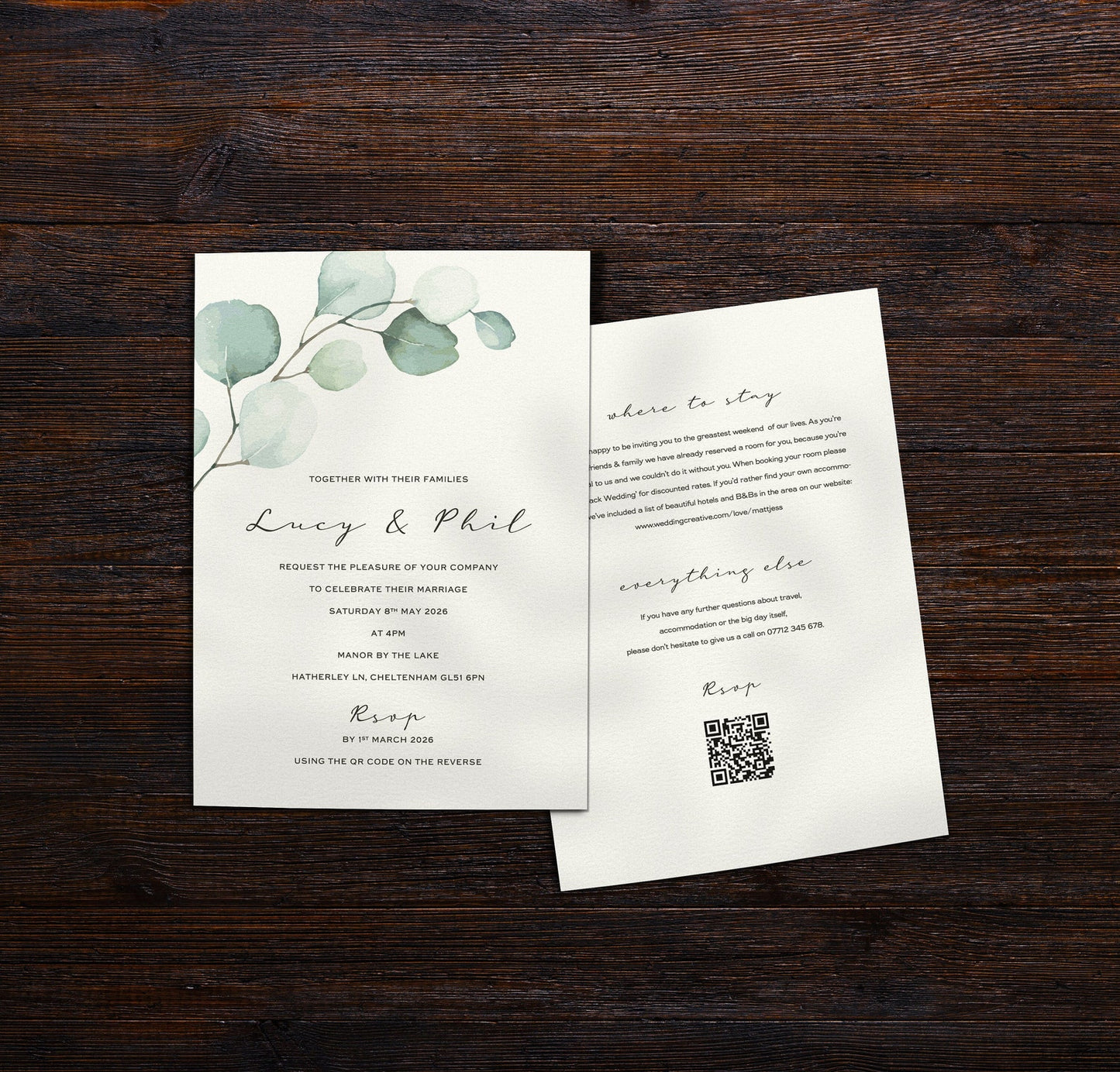 Eucalyptus Wedding Invitation – Single Card Format | Rustic & Contemporary Design