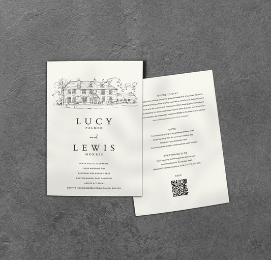 Flat lay of a sketched wedding venue invitation for Lucy Palmer and Lewis Morris, with a monochrome illustration of Solton Manor above the text. Paired with a back card for accommodation and RSVP details, laid on a grey stone surface.