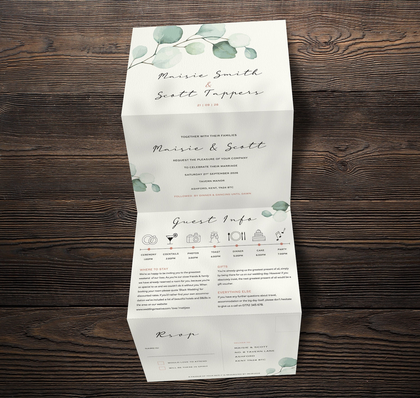Eucalyptus Wedding Invitation – Concertina Fold, Customisable Rustic Invite with RSVP