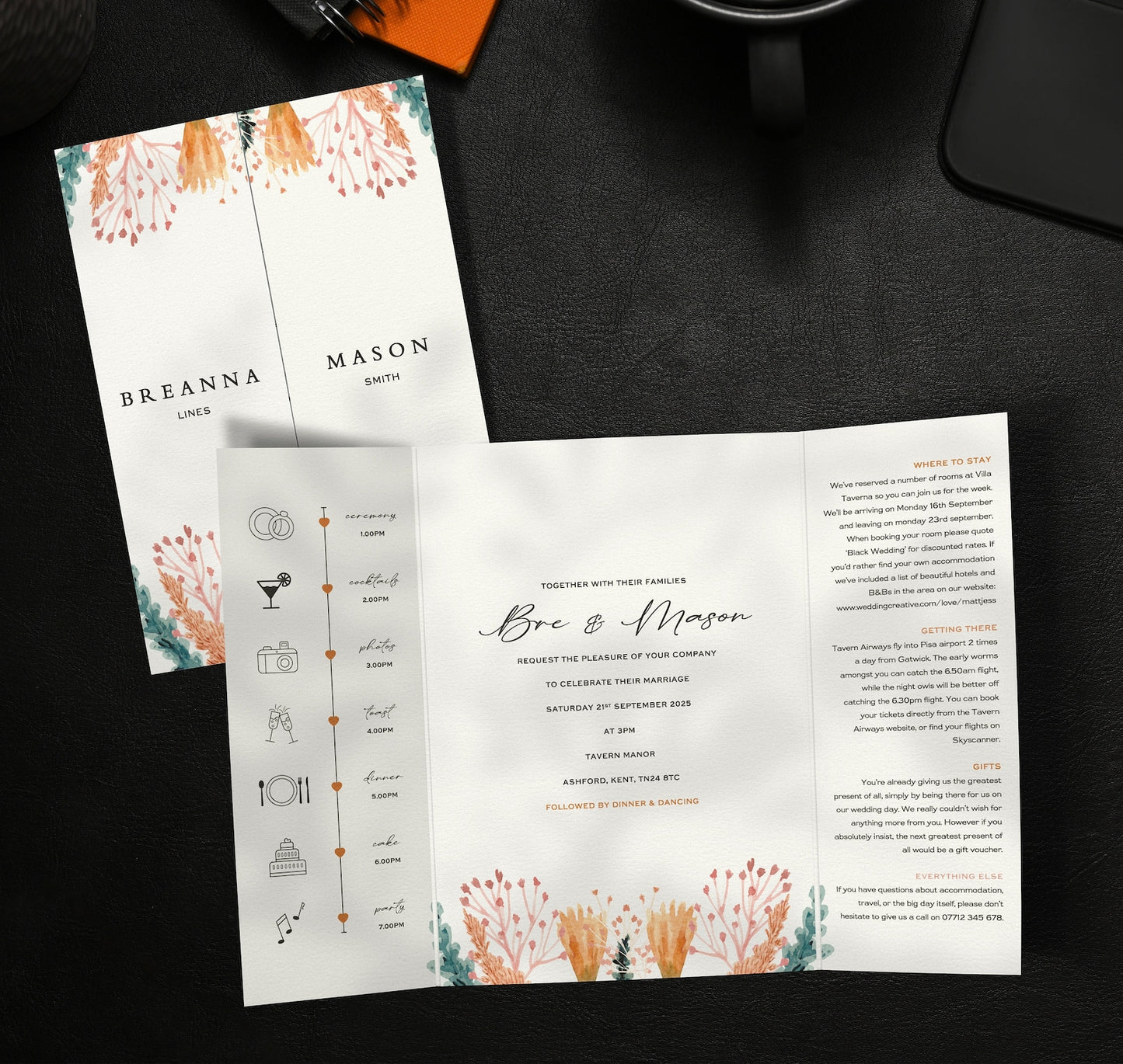Gatefold wedding invitations displayed on a dark background with a burnt orange and white color scheme, including text and decorative elements.