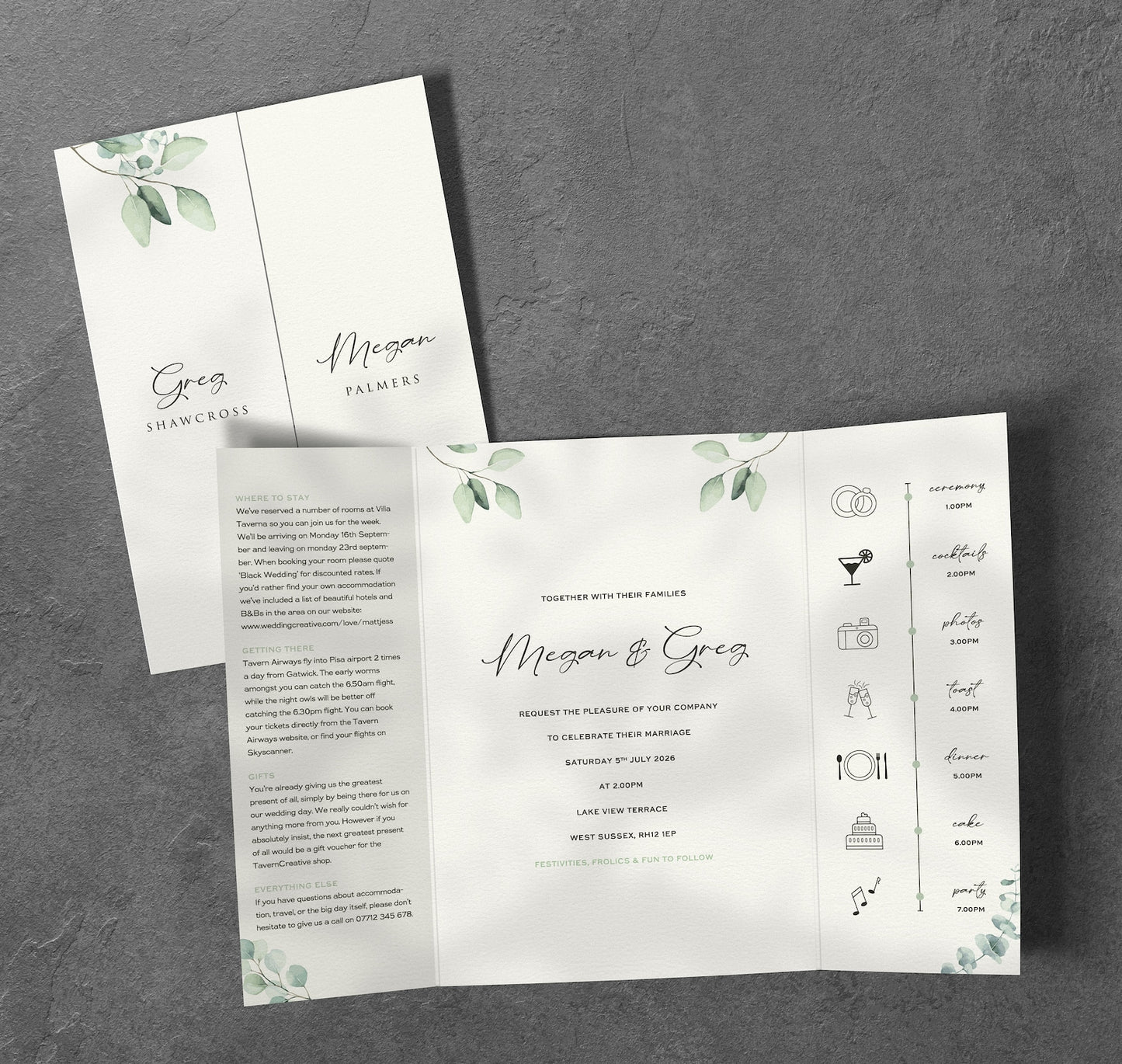 Sage Green Wedding Invitation – Argyle Apple Gatefold | Evening or Day Invite