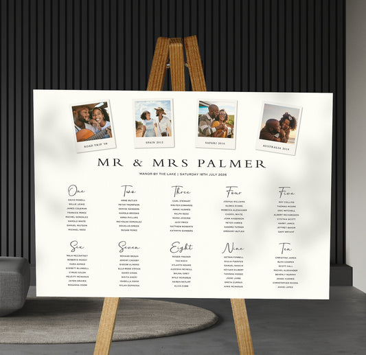 photo wedding Table Plan on a brown easel in a stylish room in a wedding venue