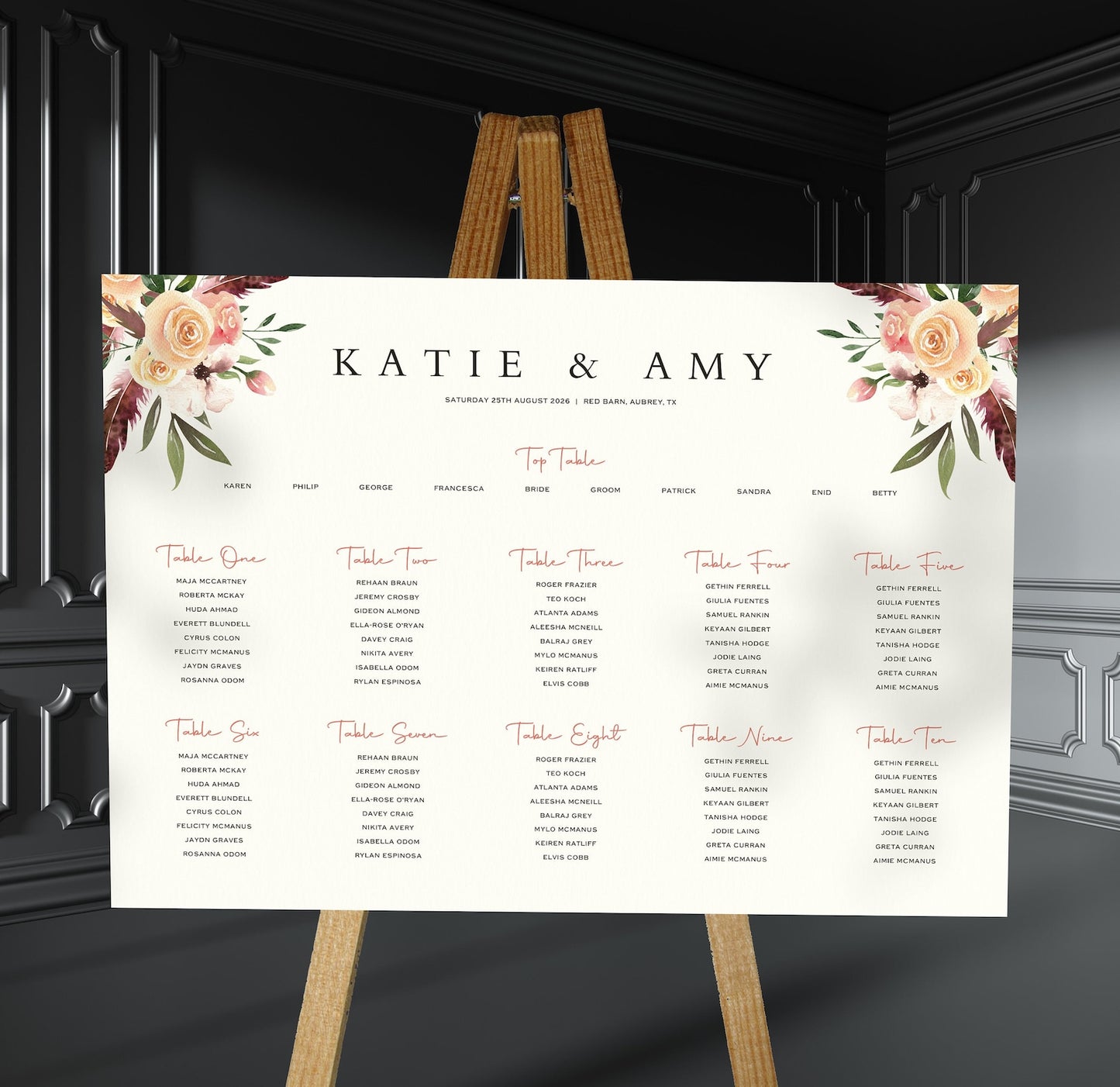 peach, blush and burgundy florals wedding Table Plan on a brown easel in a stylish room in a wedding venue