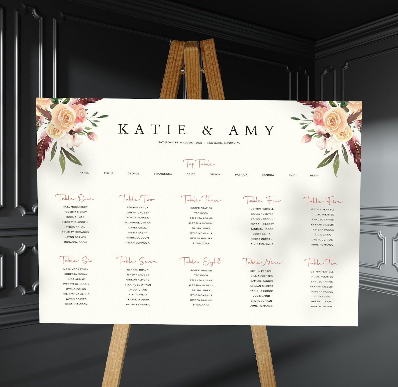 peach, blush and burgundy florals wedding Table Plan on a brown easel in a stylish room in a wedding venue
