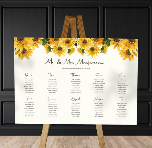 sunflowers wedding Table Plan on a brown easel in a stylish room in a wedding venue