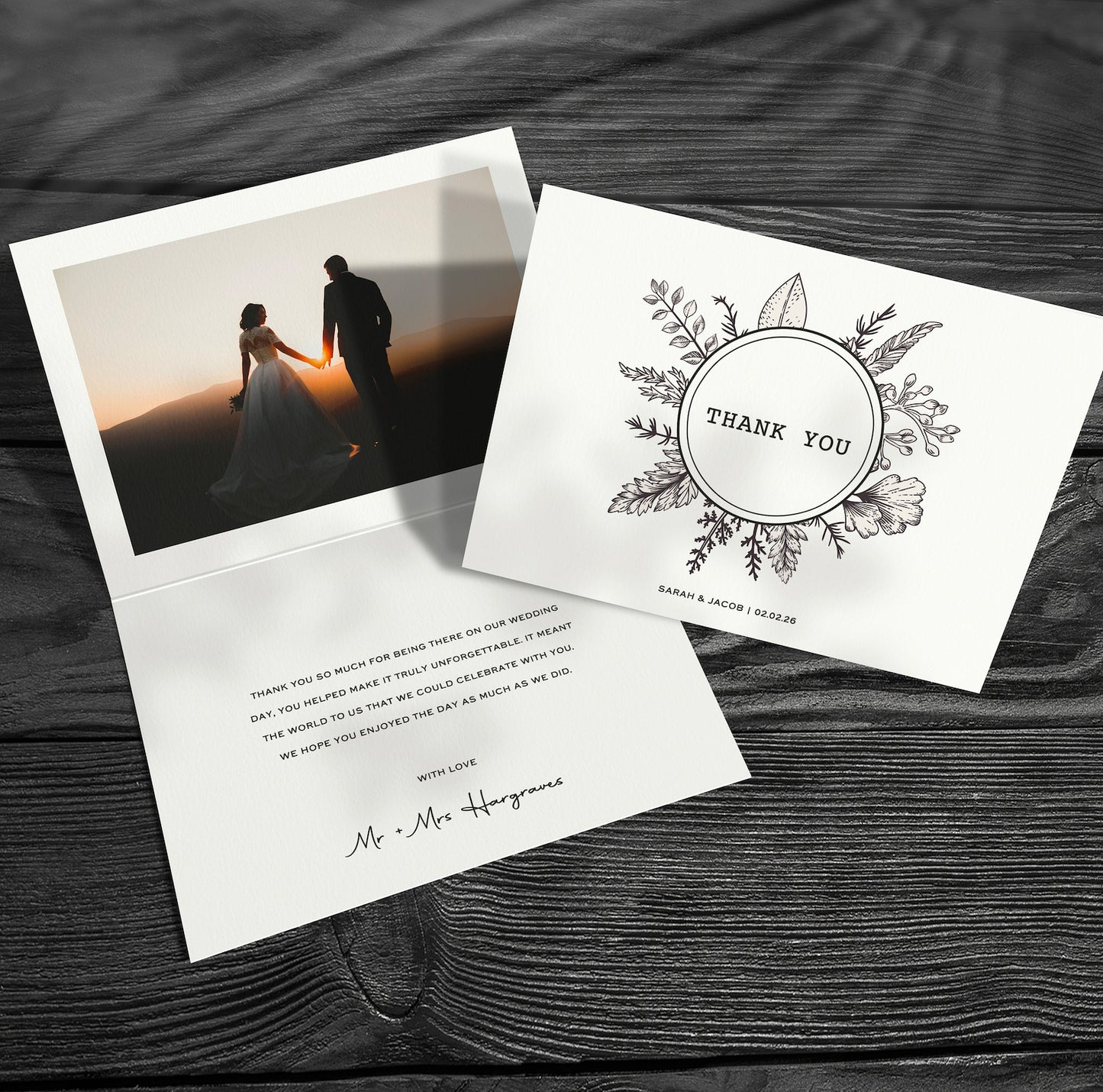 Black and white floral wreath wedding thank you card – elegant monochrome folded A6 design