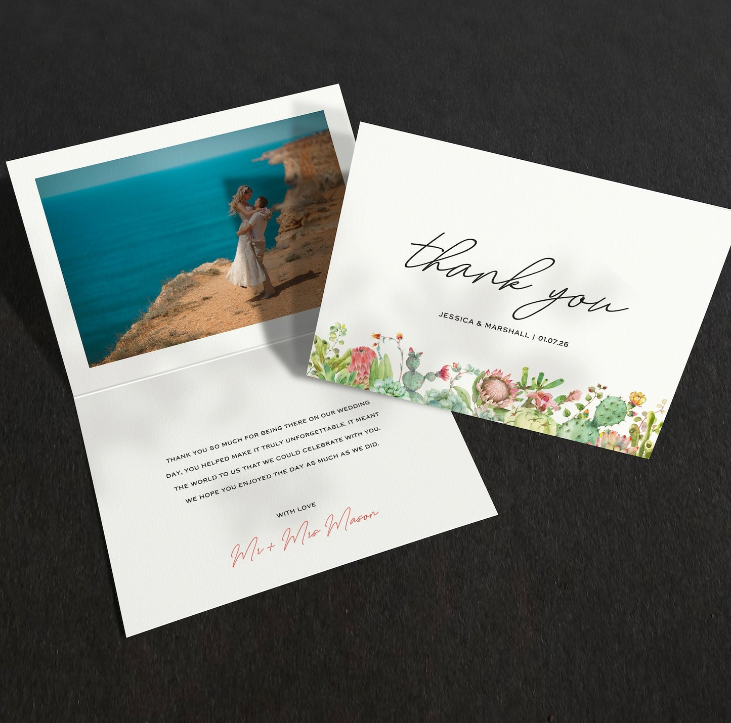 Succulents wedding thank you card – folded A6 botanical design with green succulent artwork