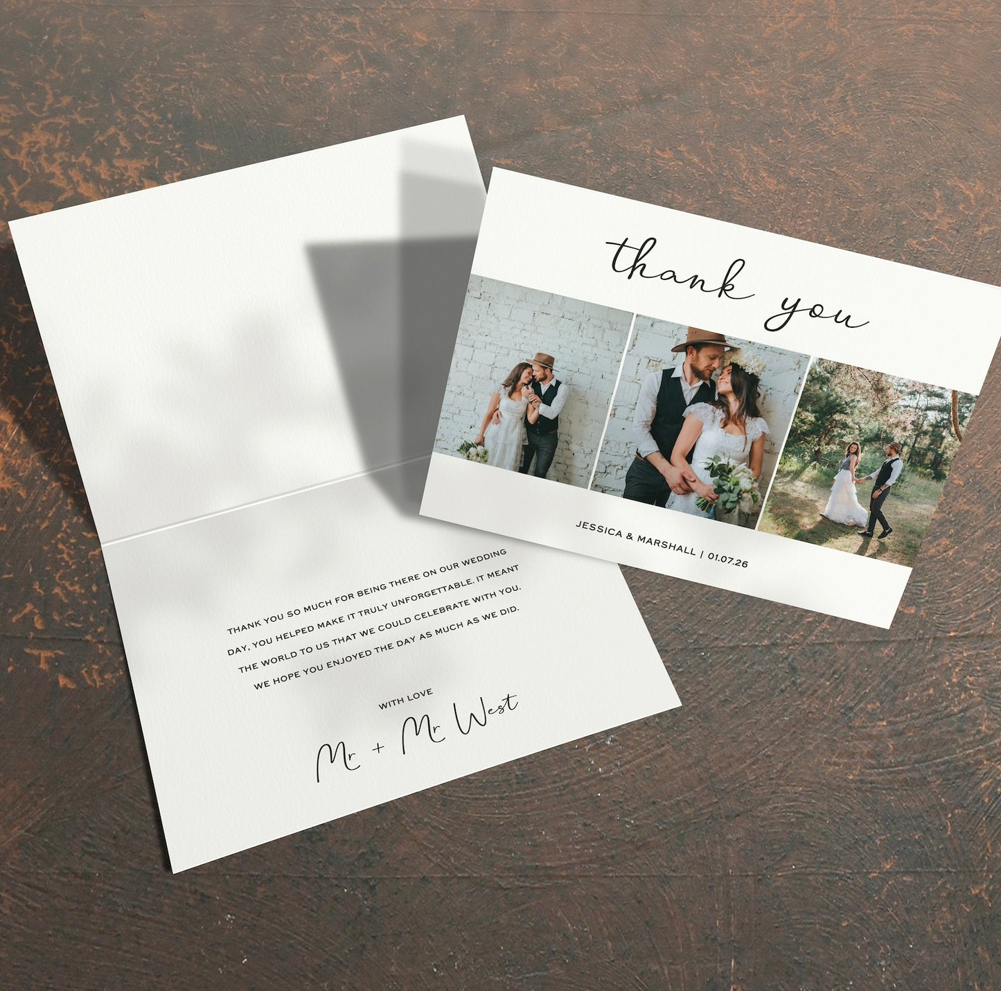 Personalised three photo wedding thank you card – folded A6 format