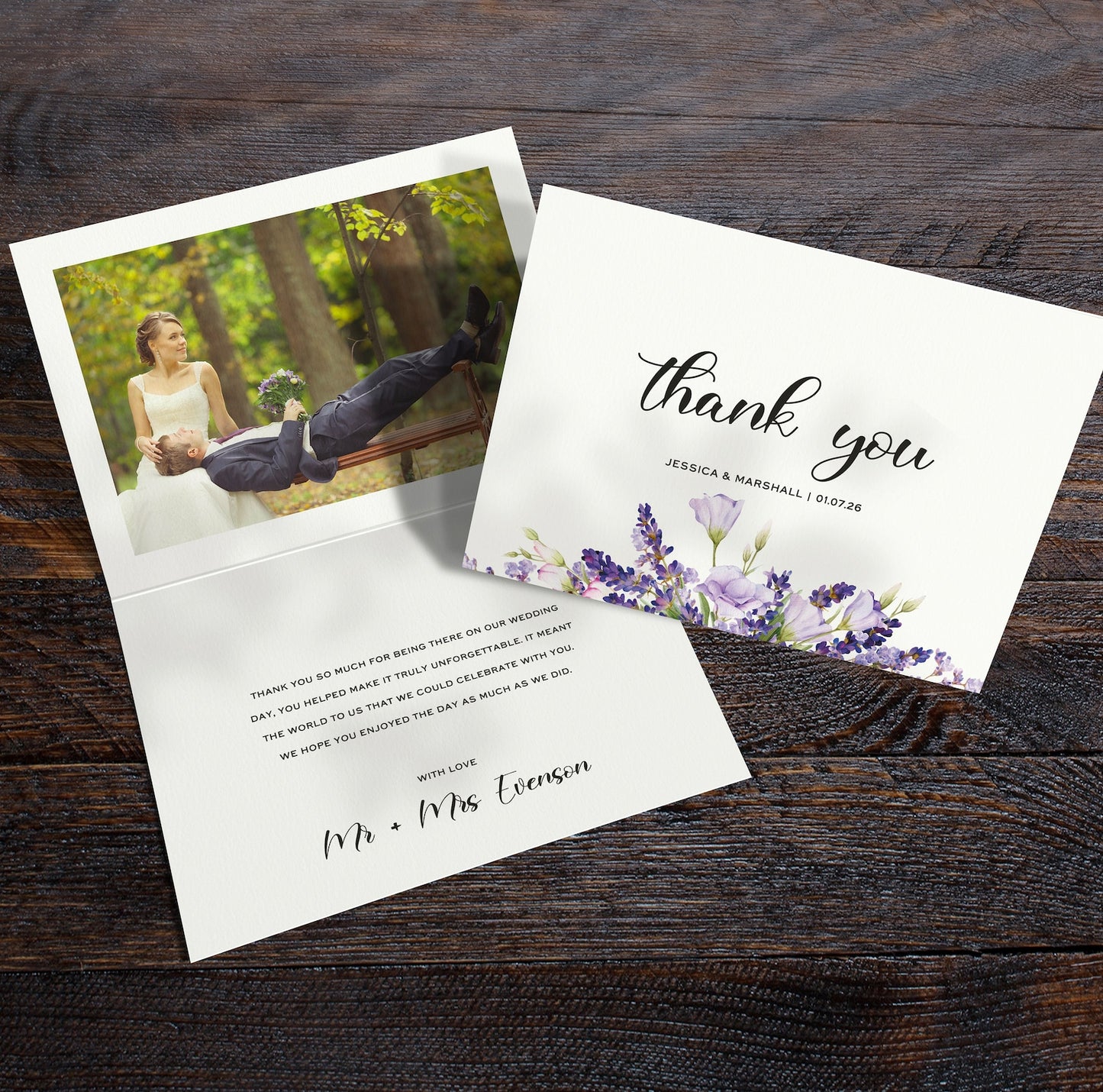Lavender wedding thank you card – folded A6 floral design with purple botanical detail