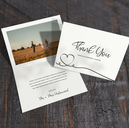 Black and white minimalist wedding thank you card – modern folded design