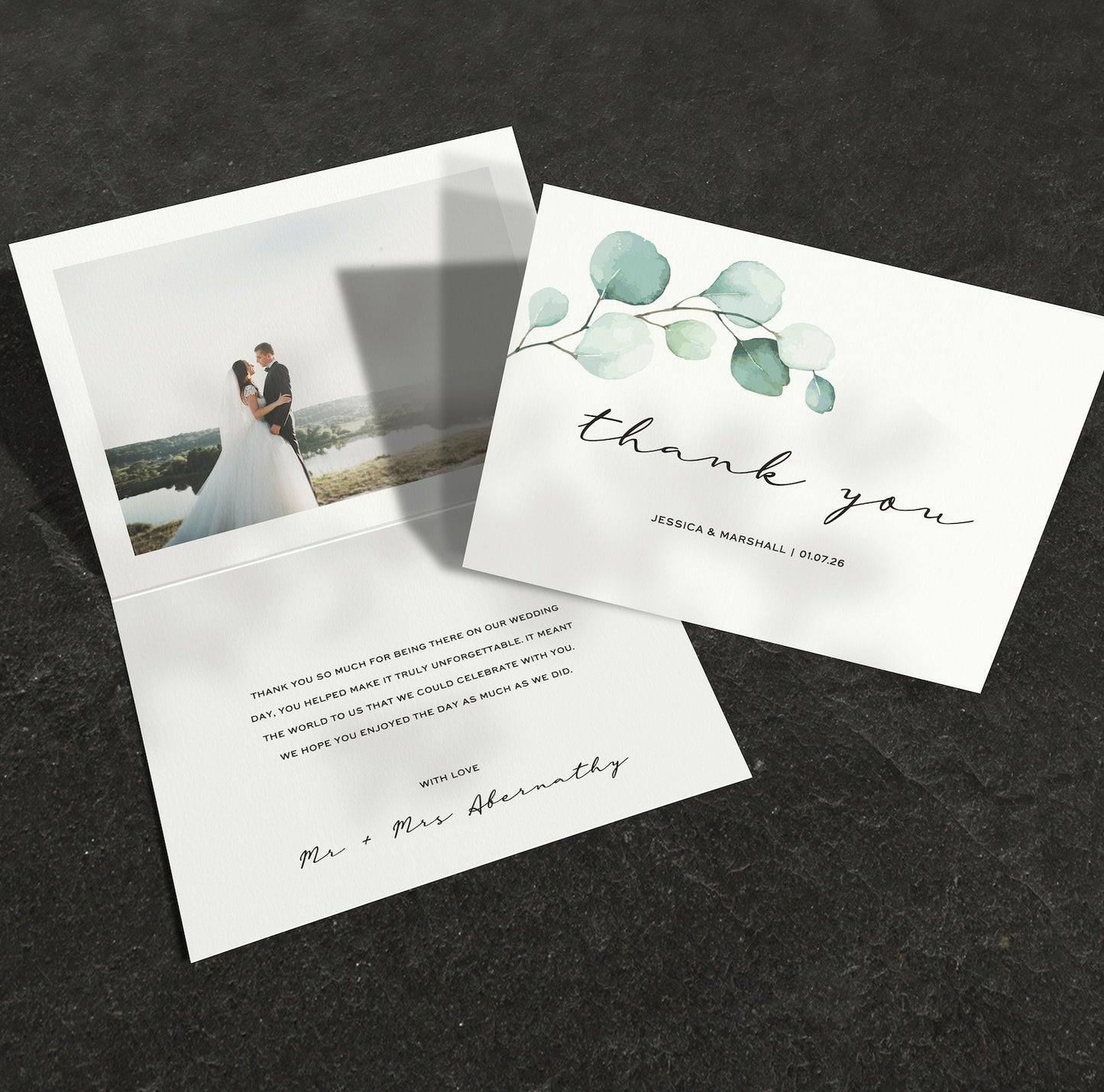 Eucalyptus wedding thank you card – folded greenery design with personalised message