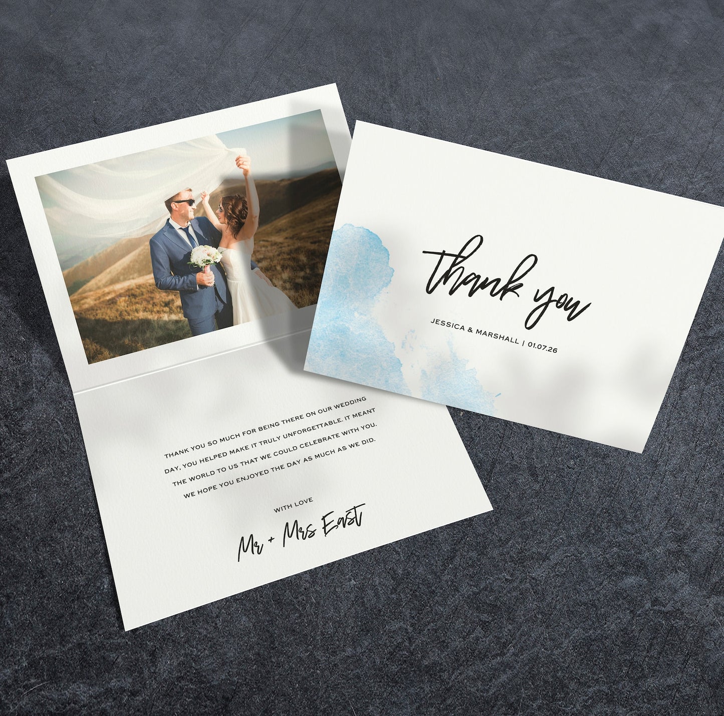 Blue watercolour wedding thank you card – soft folded design with personalised message
