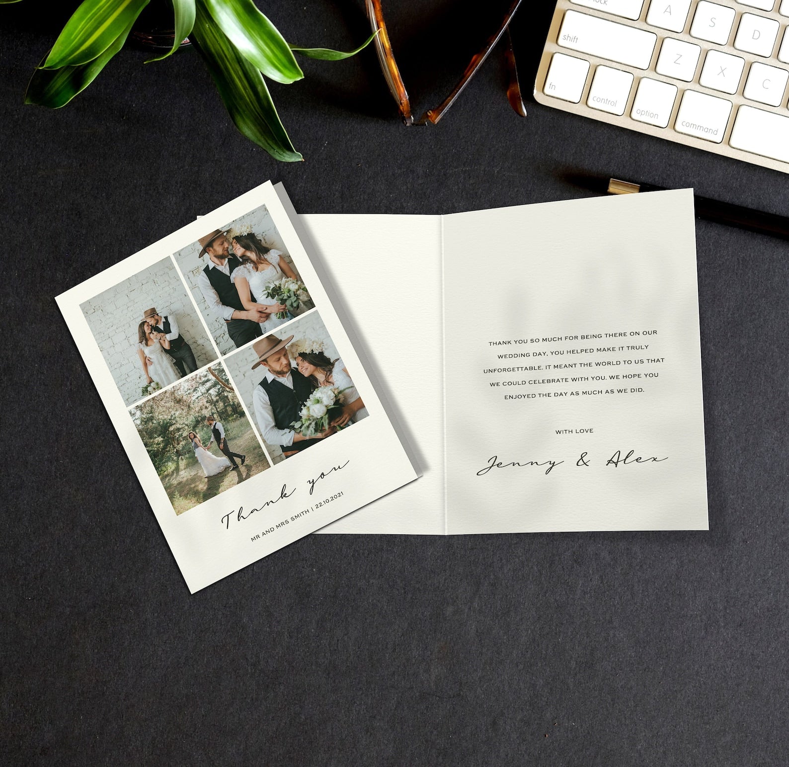 Four photo wedding thank you card – personalised folded A6 design