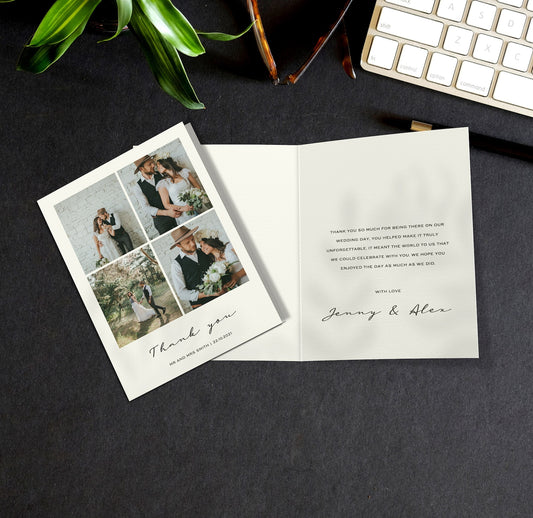 Four photo wedding thank you card – personalised folded A6 design