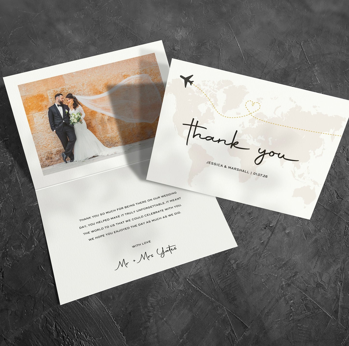 Destination wedding thank you card – folded travel-inspired A6 design with envelope