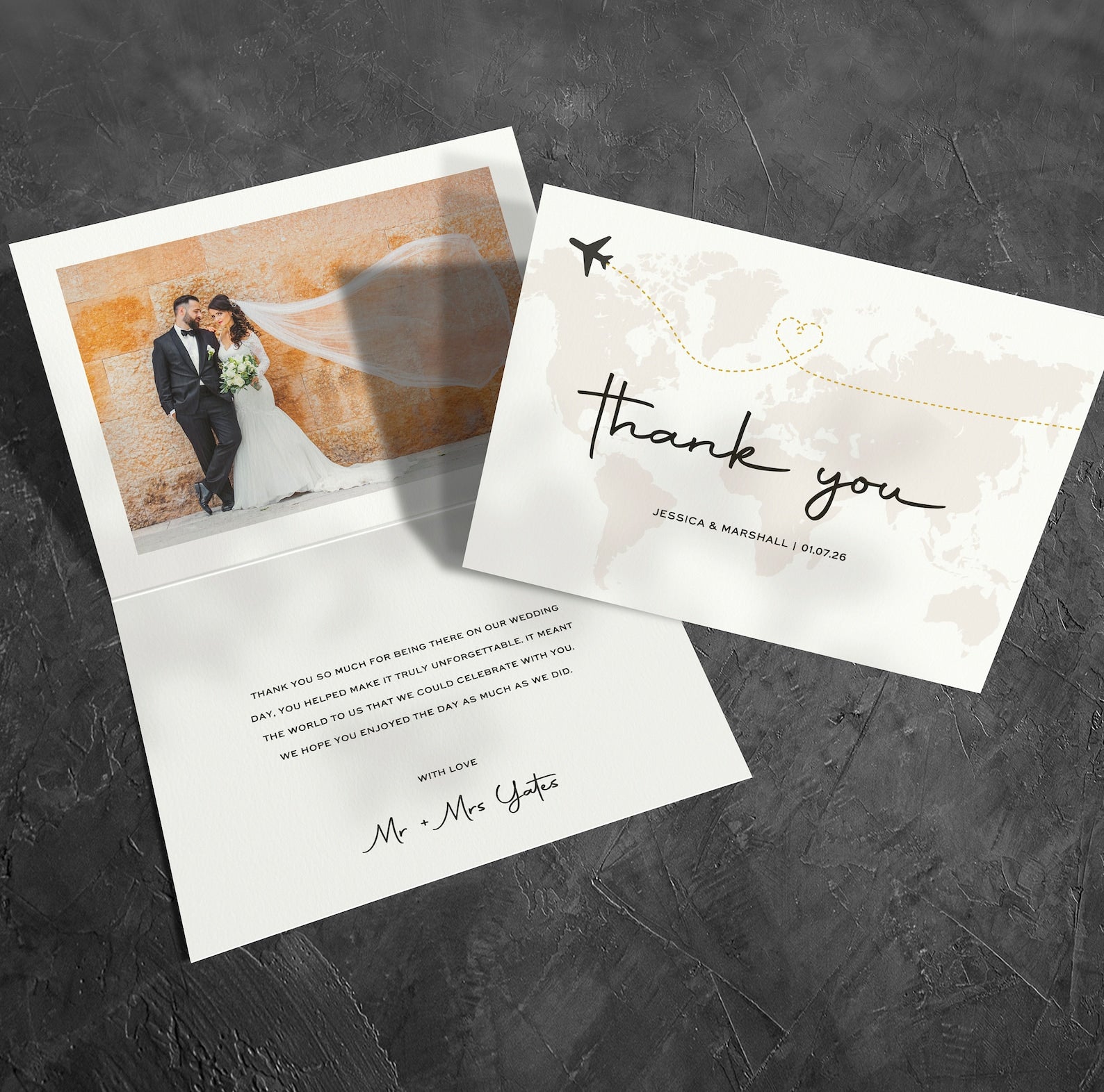 Destination wedding thank you card – folded travel-inspired A6 design with envelope
