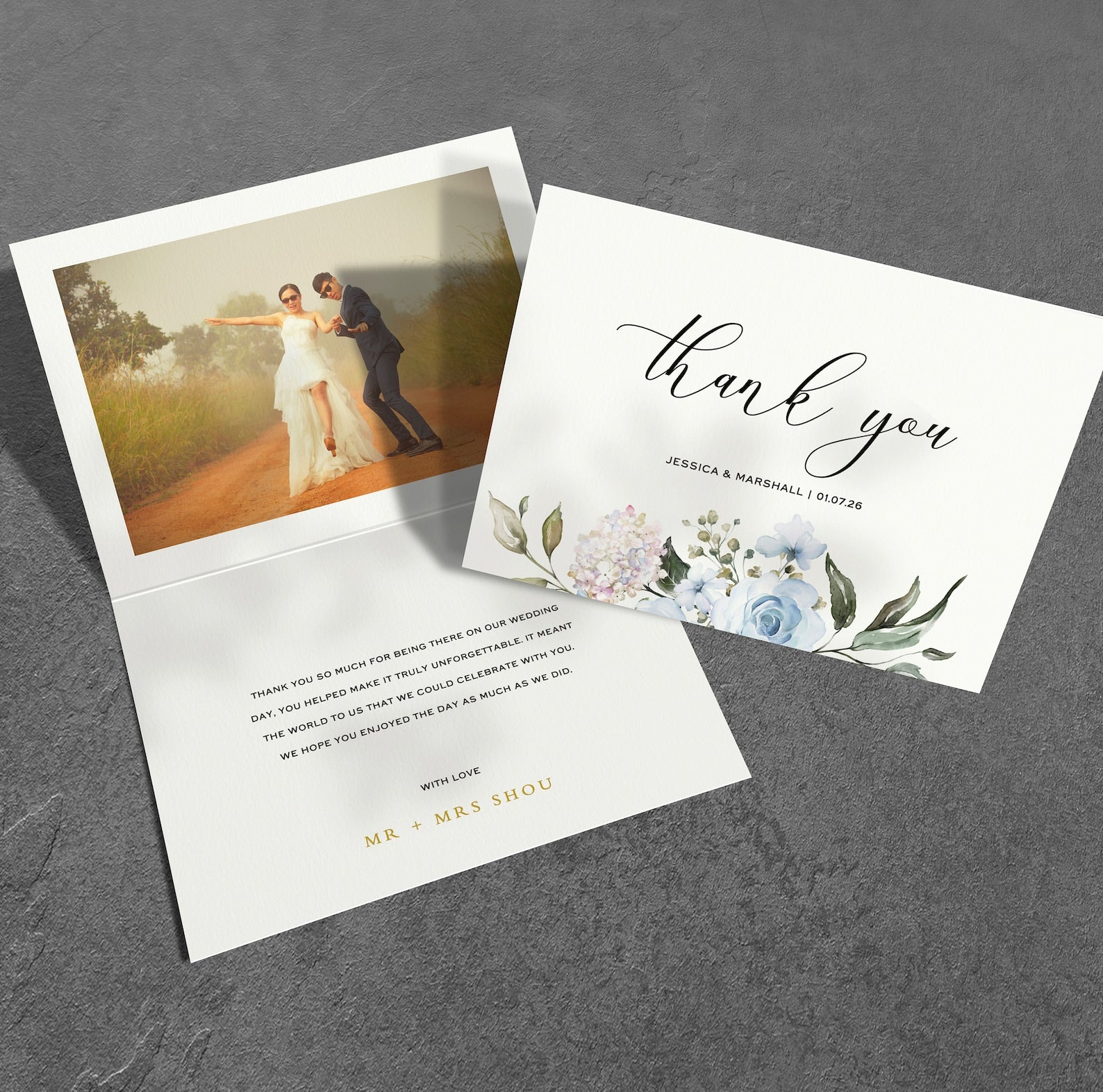 Blue roses wedding thank you card – folded A6 floral design with personalised message