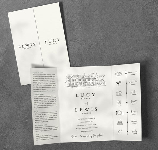 Black and white venue sketch gatefold wedding invitation, showing a timeline panel, guest information and the main information. The invitation is set on a table next to props.