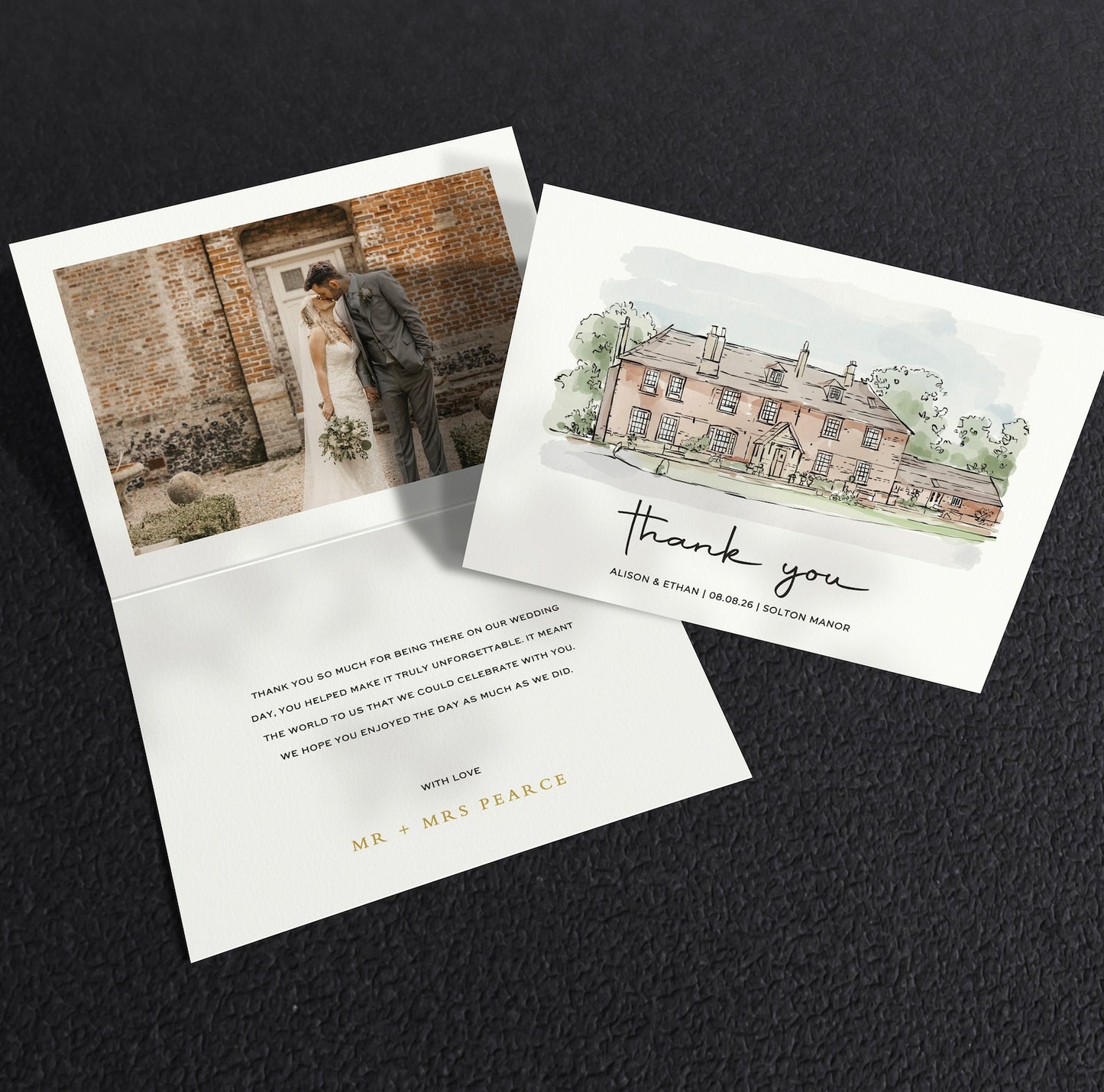 Venue illustration wedding thank you card – personalised hand-drawn design on folded card