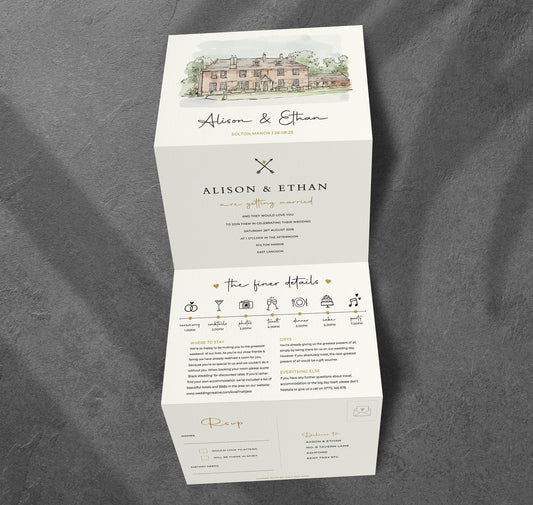 colour venue illustration design all in one concertina wedding invitations flat lay on a styled surface