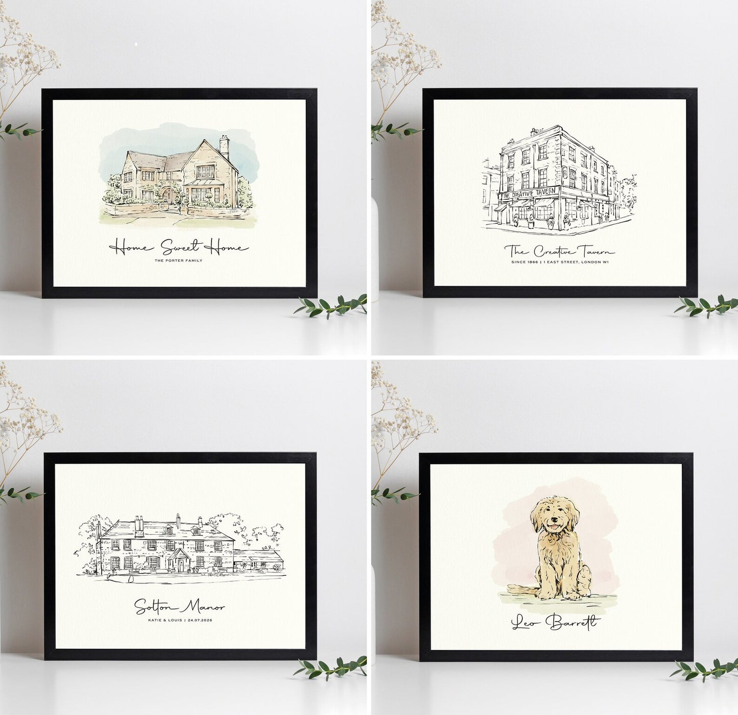 Hand-drawn illustrations variation options show in frames on mantlepiece