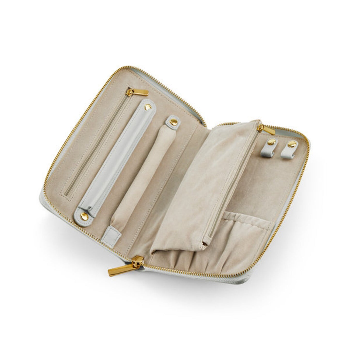Inside Personalised jewellery travel case with gold initials on faux leather purse-style design