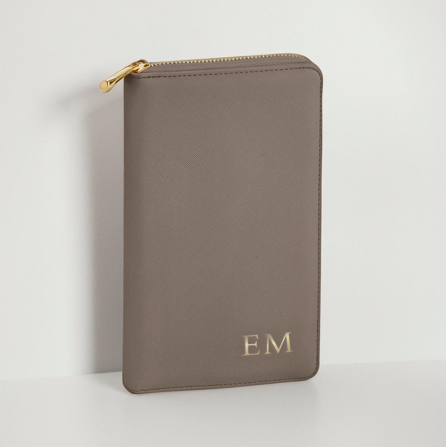 Taupe Personalised jewellery travel case with gold initials on faux leather purse-style design