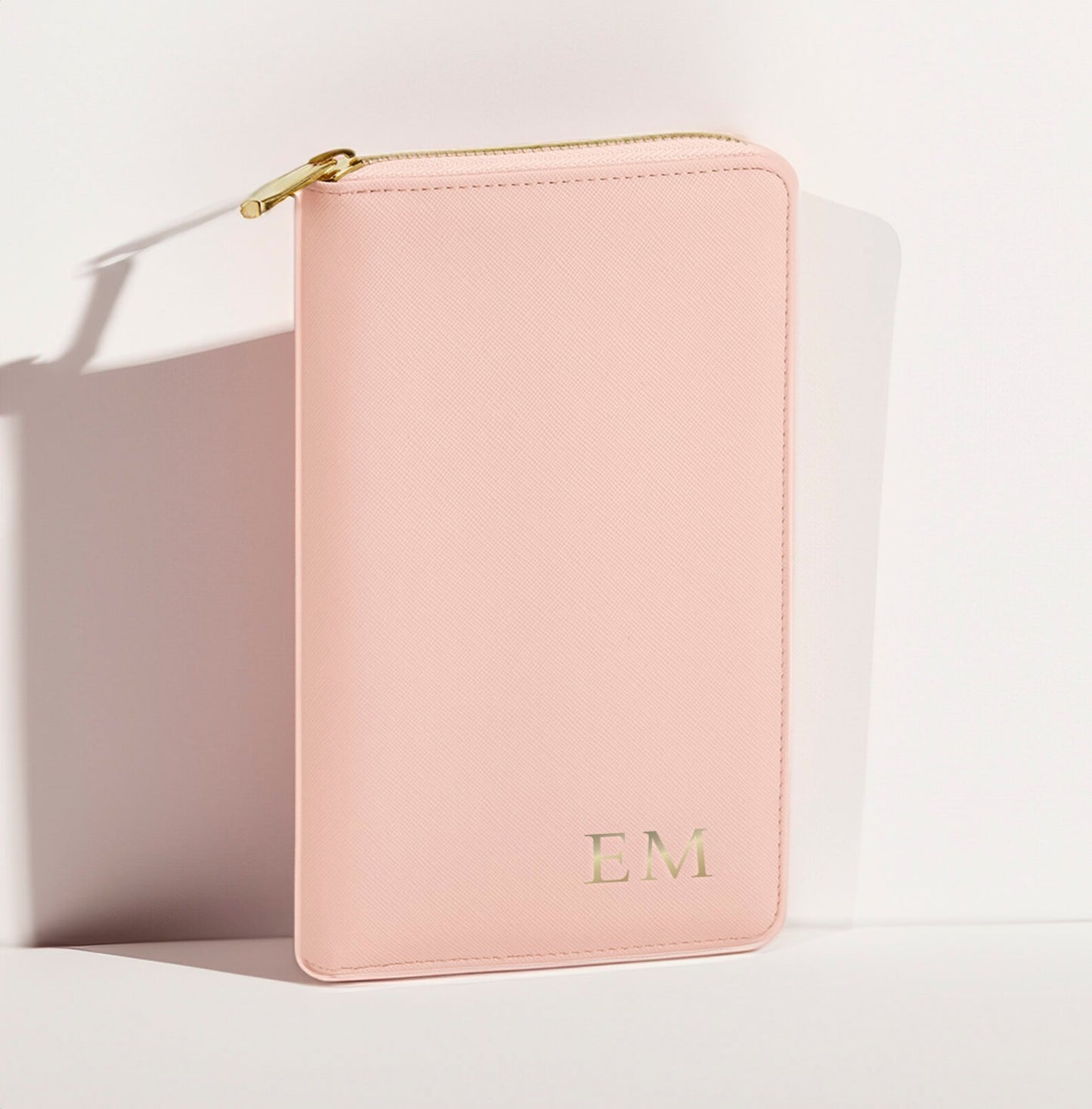 Pink Personalised jewellery travel case with gold initials on faux leather purse-style design