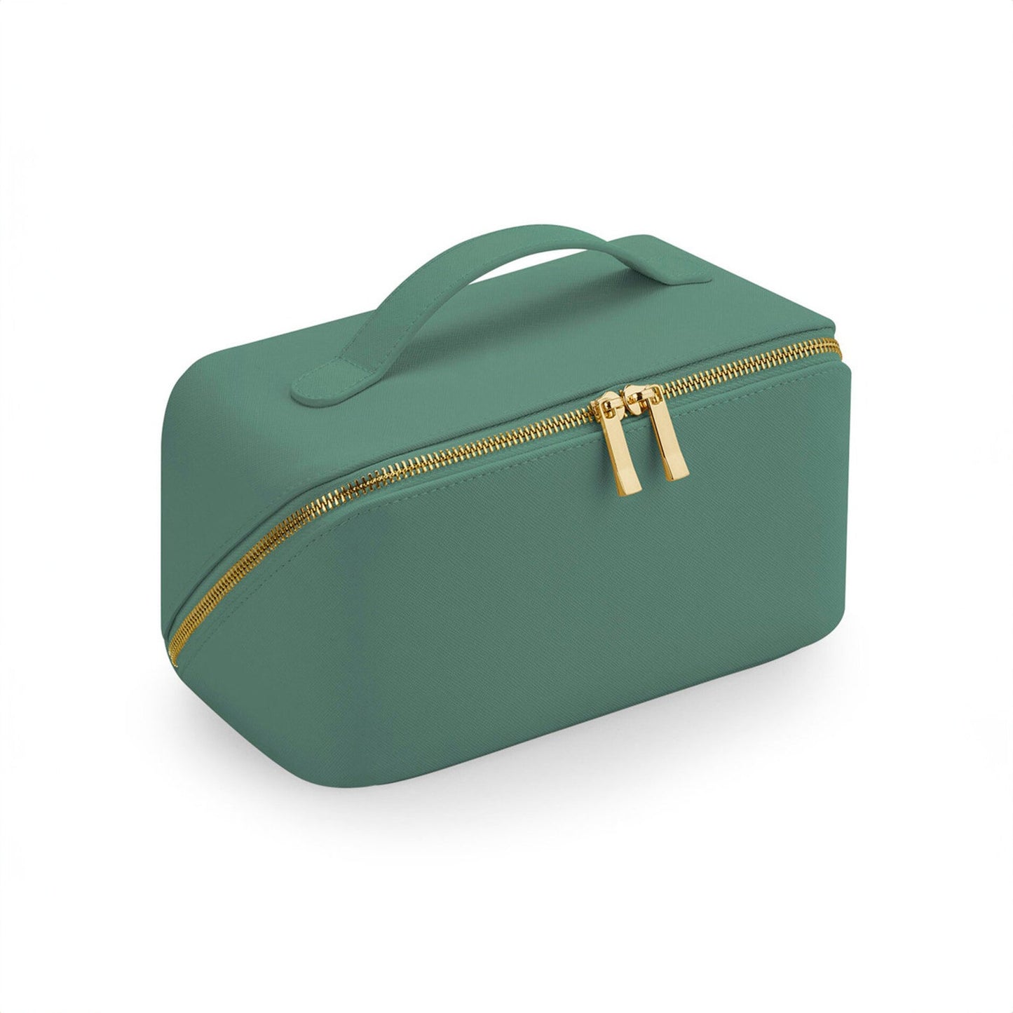 Side view of zipped vanity case with gold hardware