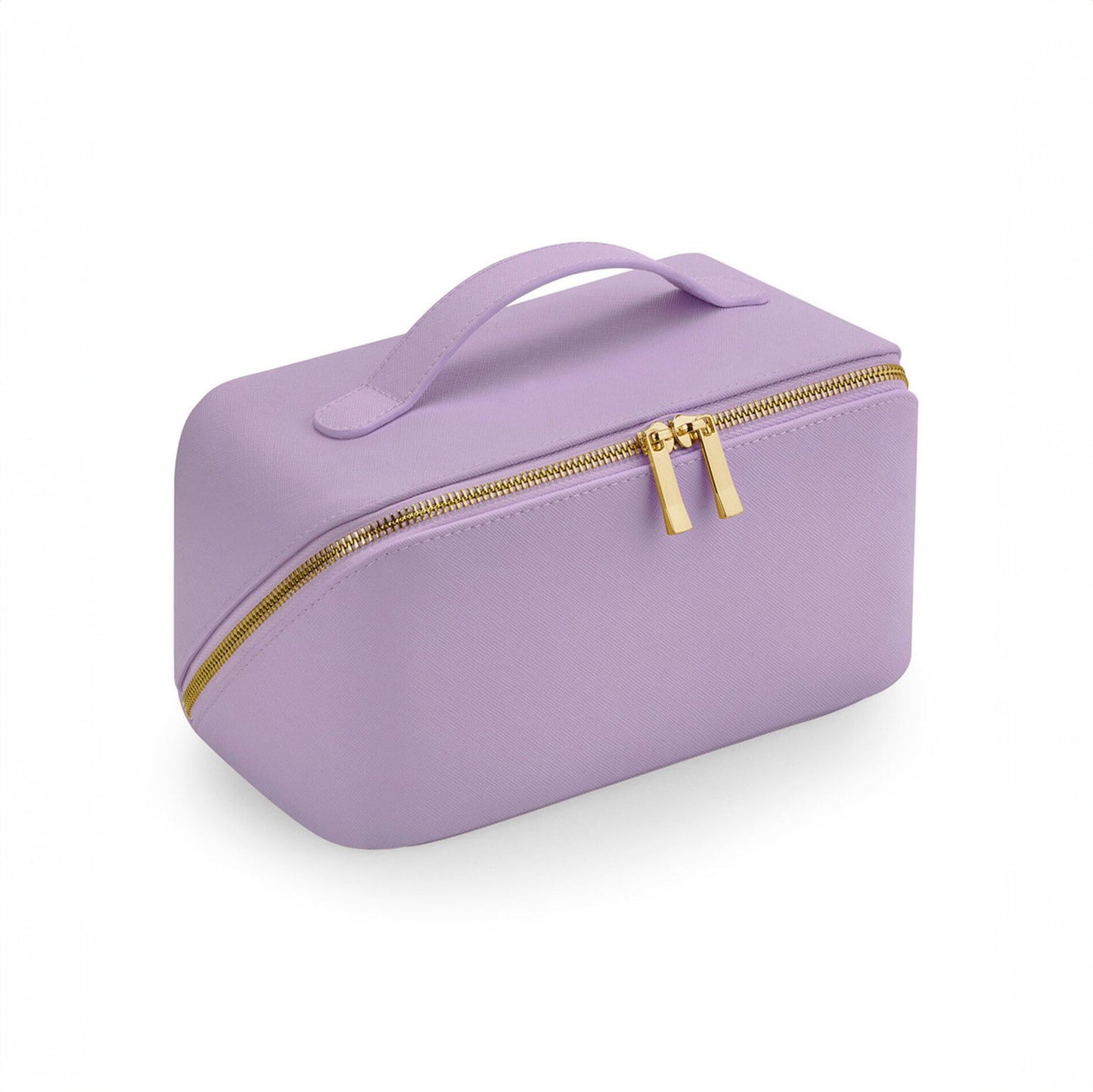 Flat lay of travel beauty essentials with monogram vanity case