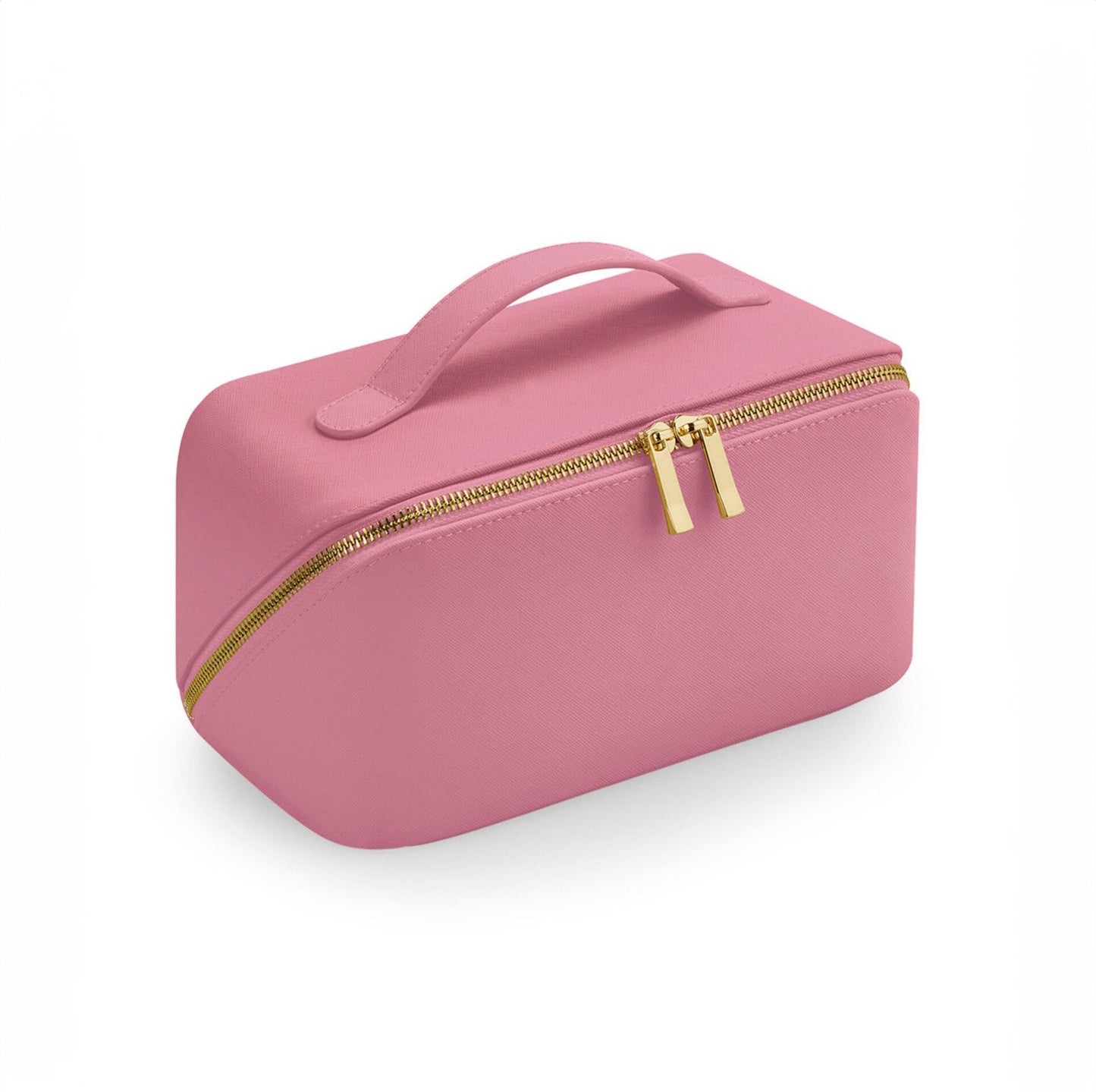 Faux leather vanity bag styled inside a suitcase for travel prep