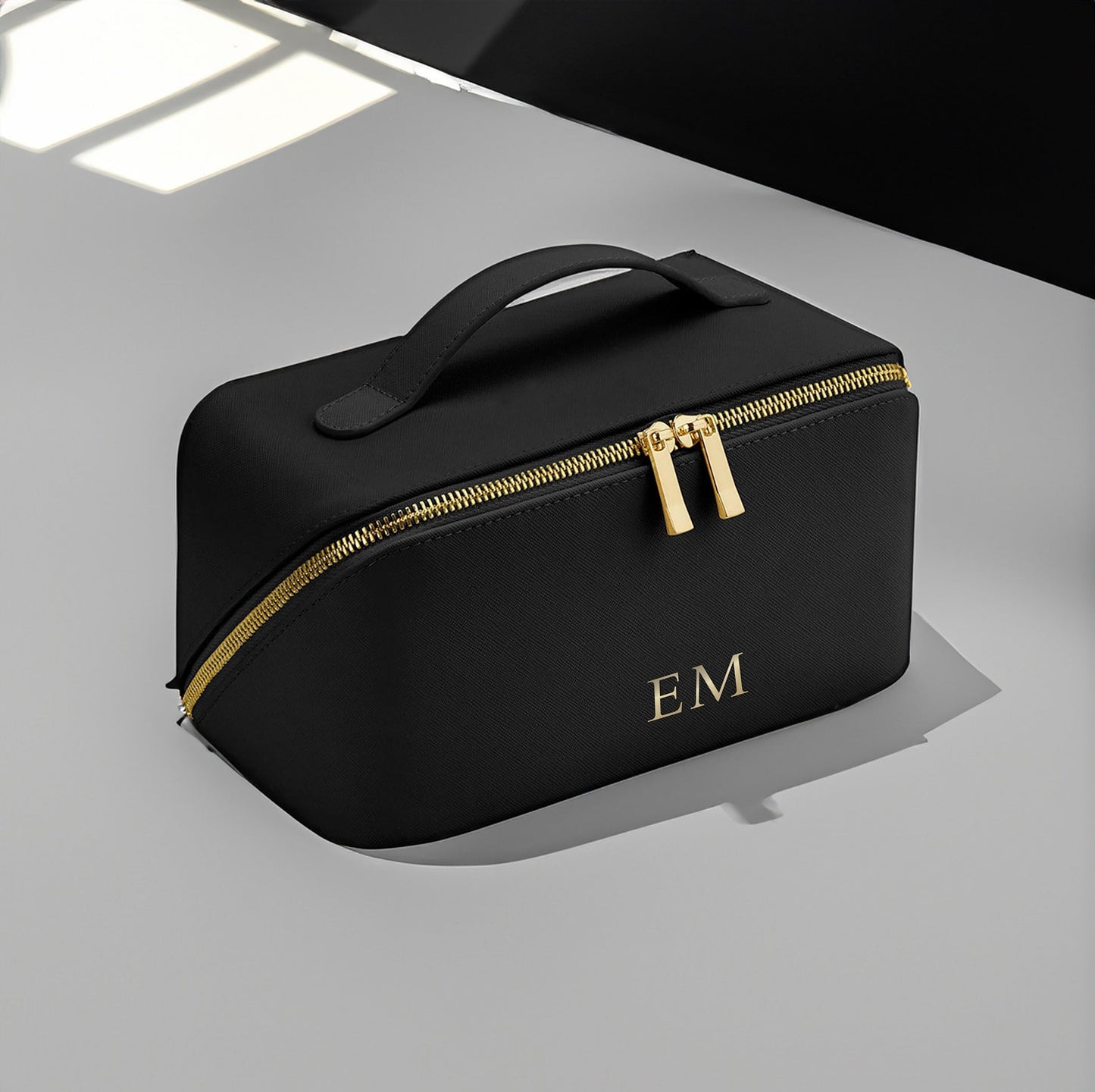 Elegant faux leather vanity bag styled on a dressing table