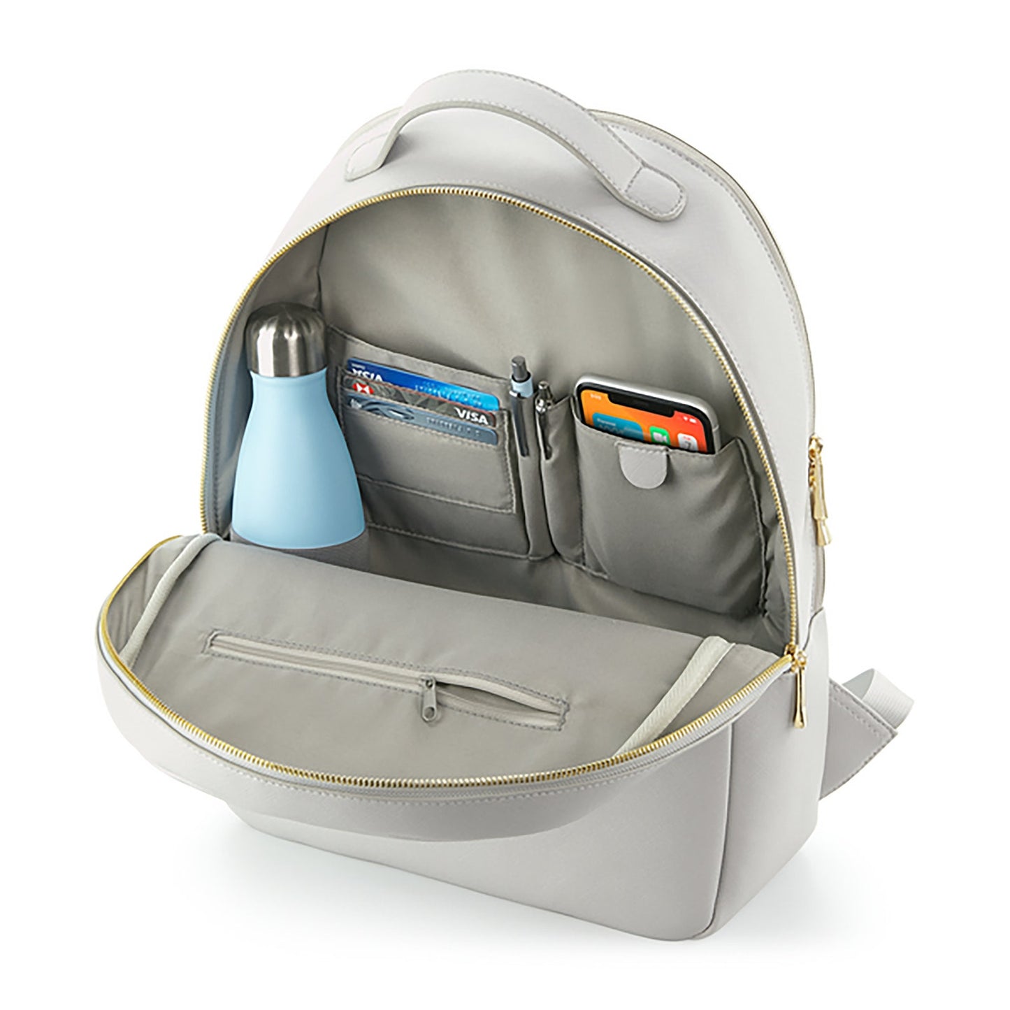 Open view of backpack showing spacious interior with accessories